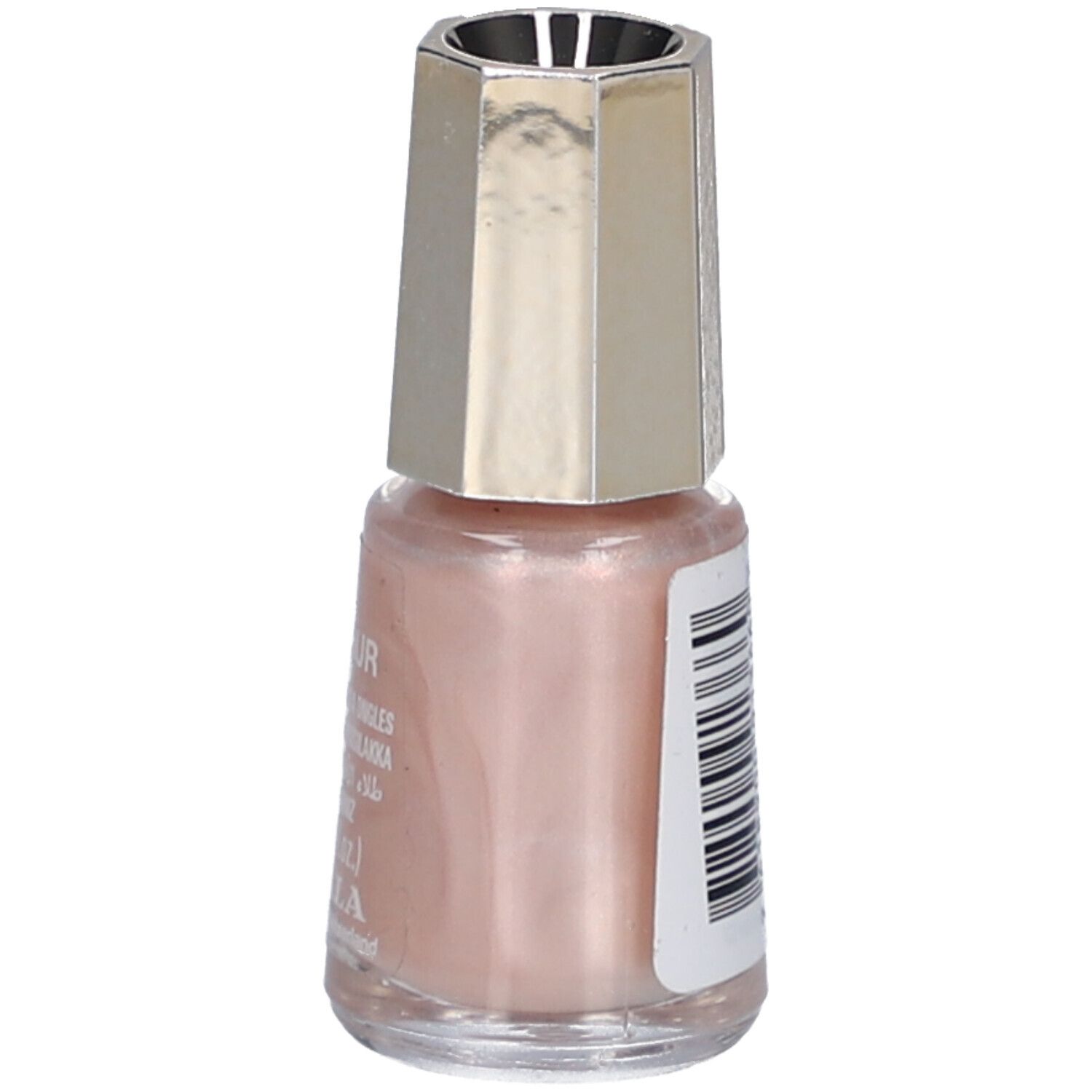 Flacon de vernis à ongles rose avec bouchon argenté. Dos avec code-barres.