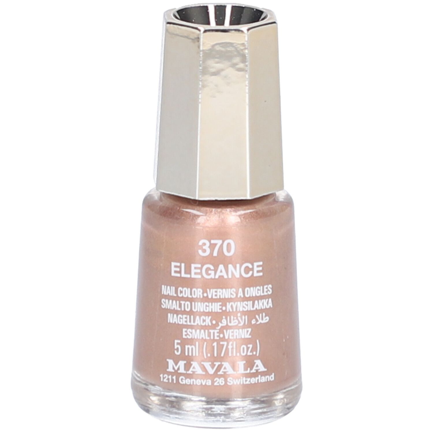 Flacon de vernis à ongles rose. Bouchon argenté. Inscription : Elegance 370, Nail Color, 5 ml.