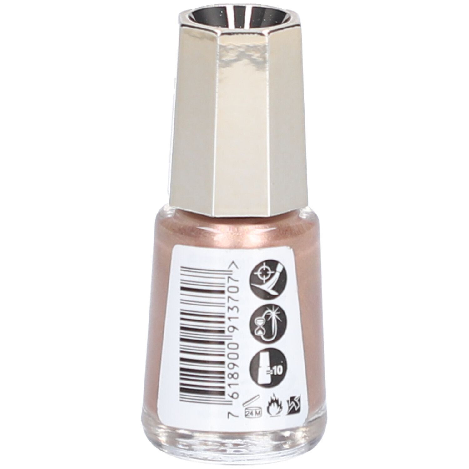 Flacon de vernis à ongles rose. Bouchon argenté. Dos avec code-barres et symboles.