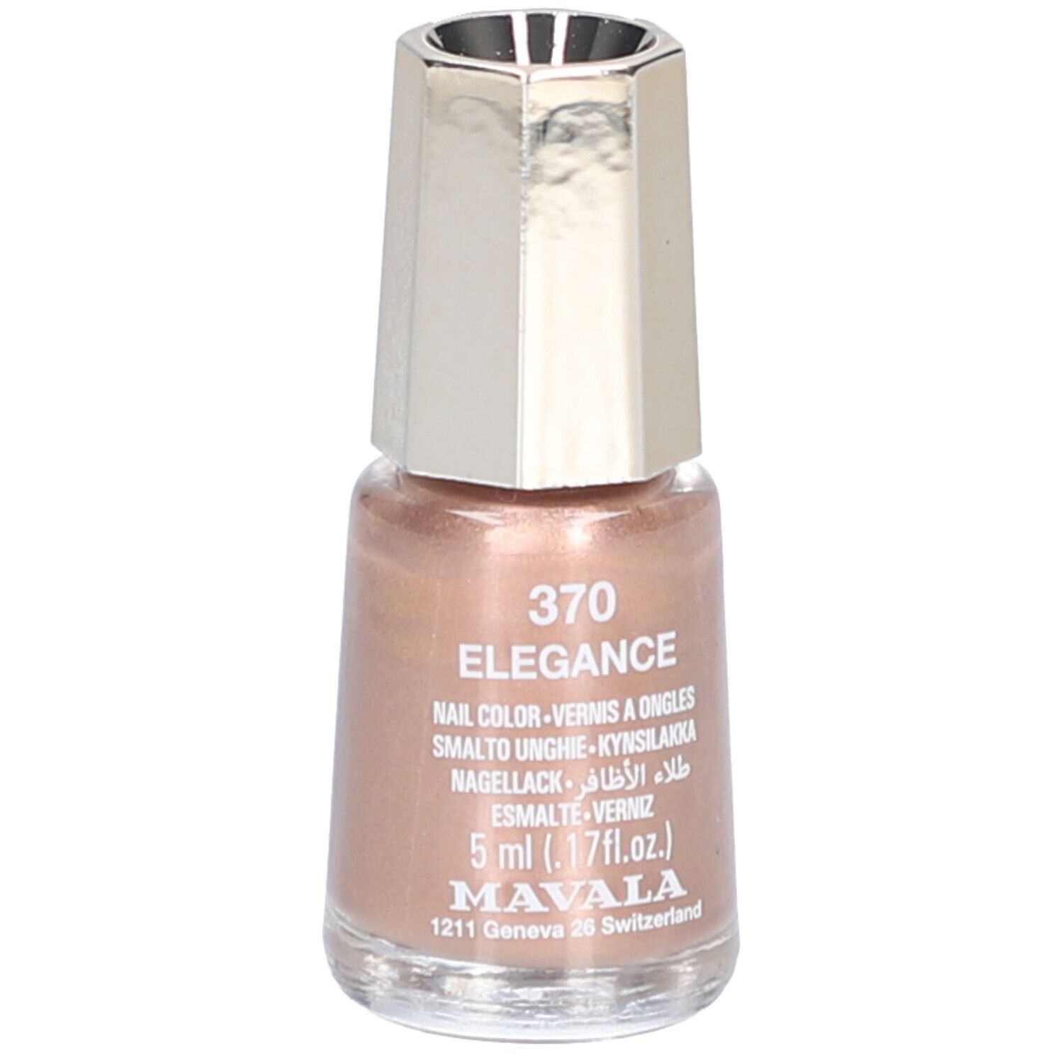 Flacon de vernis à ongles rose. Bouchon argenté. Inscription : Elegance 370, Nail Color, 5 ml.