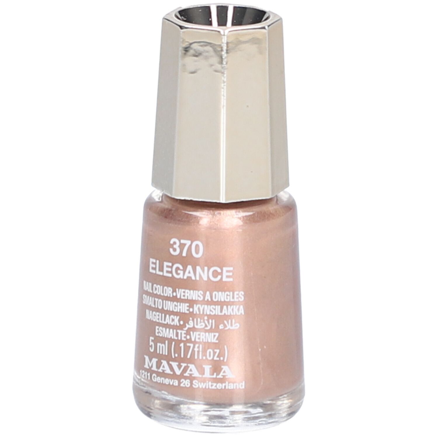 Flacon de vernis à ongles rose. Bouchon argenté. Inscription : Elegance 370, Nail Color, 5 ml.