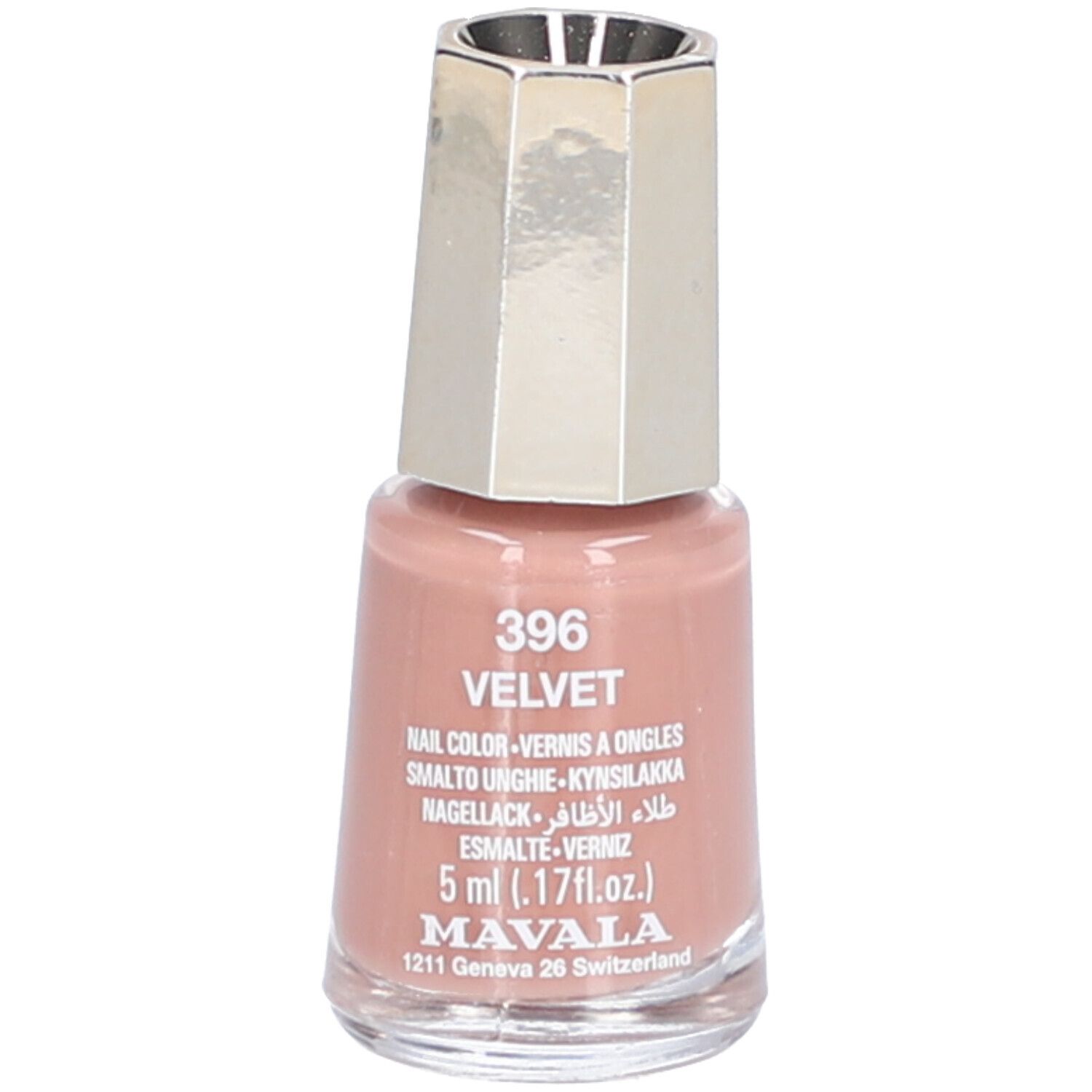 Flacon de vernis à ongles 396 Velvet. Teinte rose, bouchon argenté. Texte: Nail Color, 5 ml, Mavala.