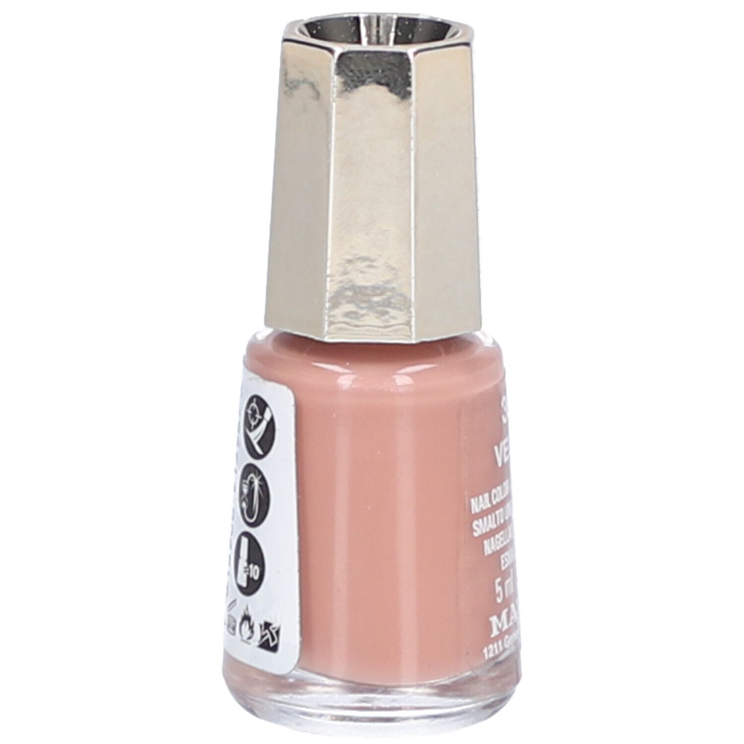 Flacon de vernis à ongles 396 Velvet. Teinte rose, bouchon argenté. Autocollant avec symboles.