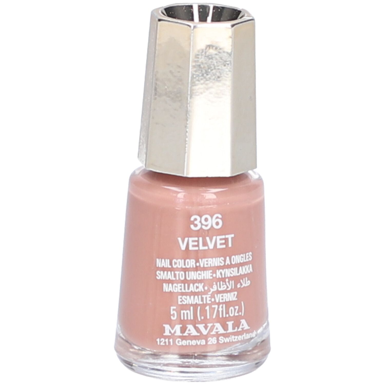 Flacon de vernis à ongles 396 Velvet. Teinte rose, bouchon argenté. Texte: Nail Color, 5 ml, Mavala.