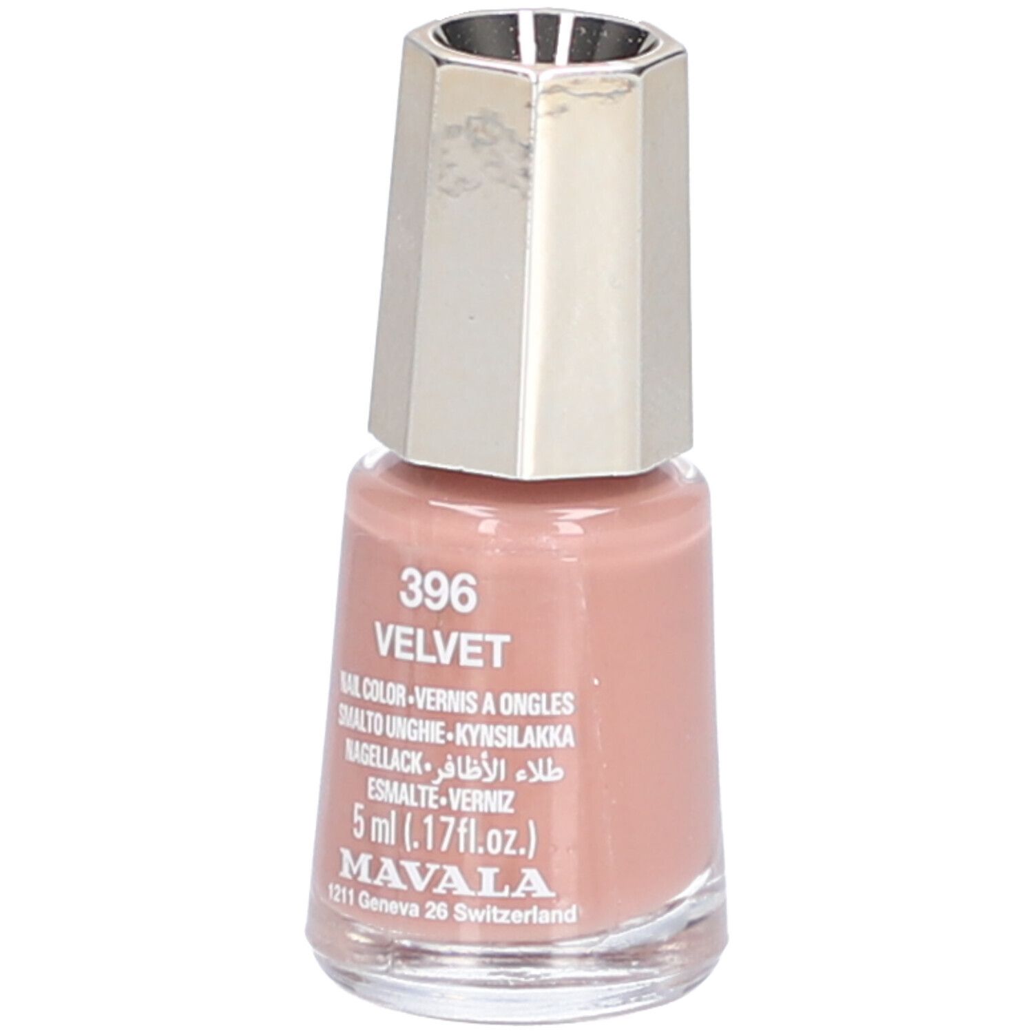 Flacon de vernis à ongles 396 Velvet. Teinte rose, bouchon argenté. Texte: Nail Color, 5 ml, Mavala.