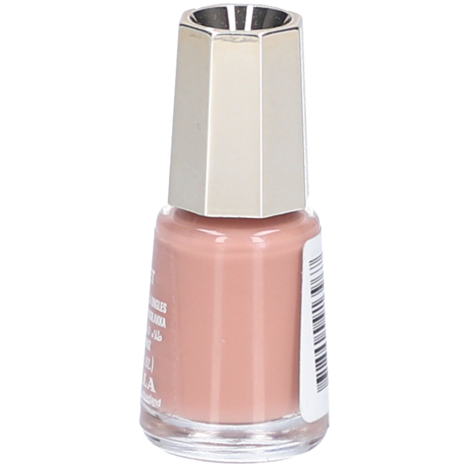 Flacon de vernis à ongles 396 Velvet. Teinte rose, bouchon argenté. Texte: Nail Color, 5 ml, Mavala.