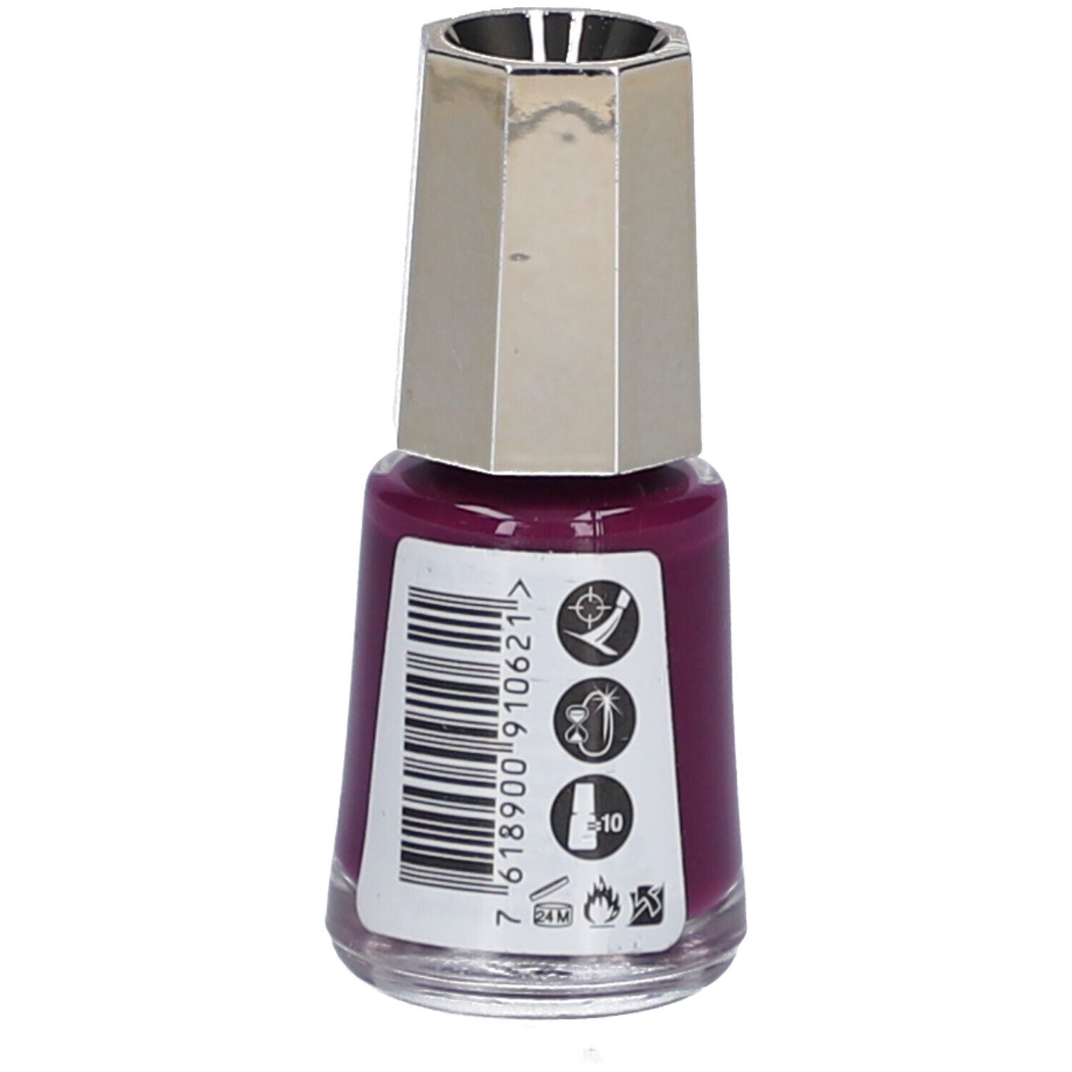 Flacon de vernis à ongles rouge foncé avec bouchon argenté. Étiquette au dos avec code-barres et symboles.