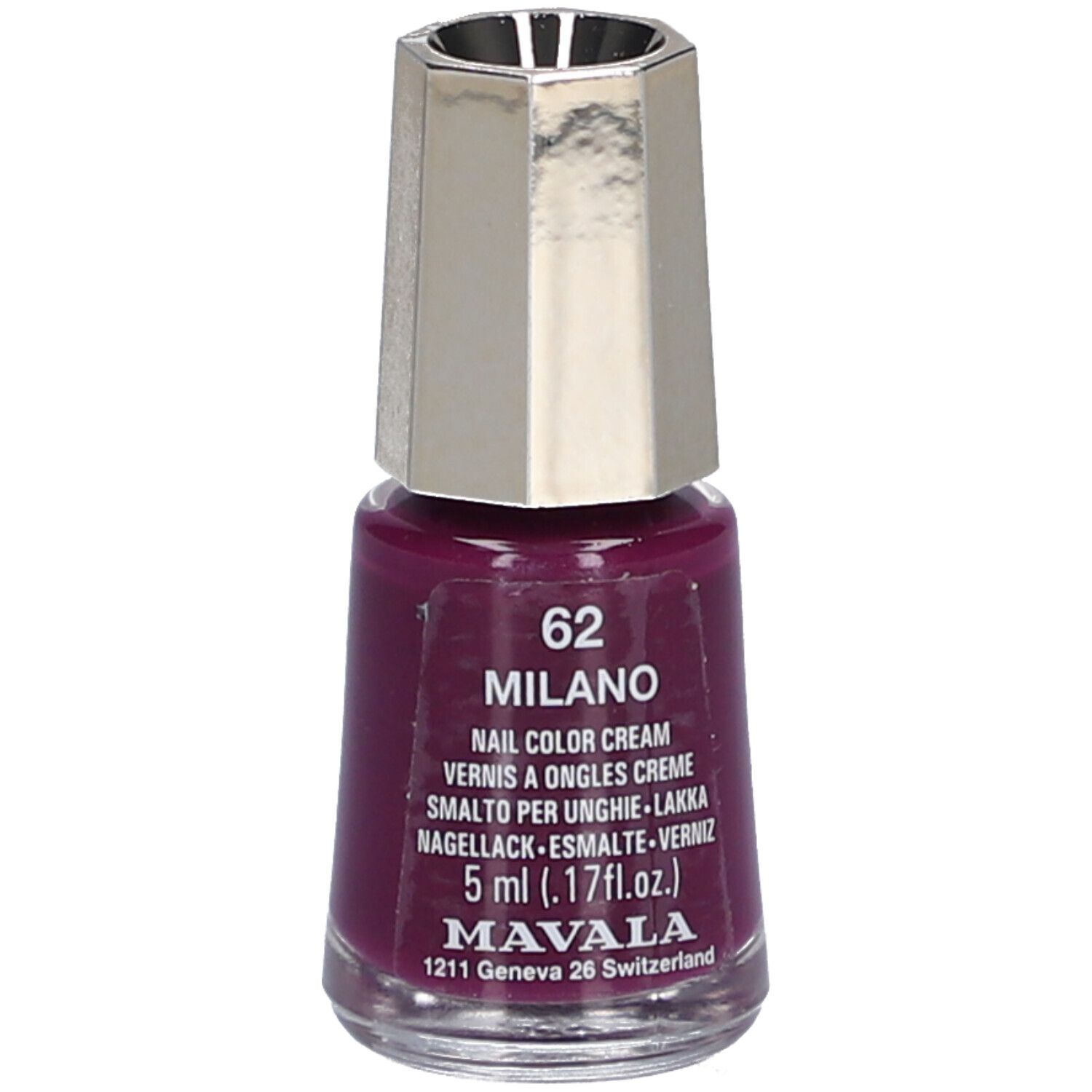 Flacon de vernis à ongles rouge foncé avec bouchon argenté. Inscription : 62 MILANO, Nail Color Cream, 5 ml, MAVALA.