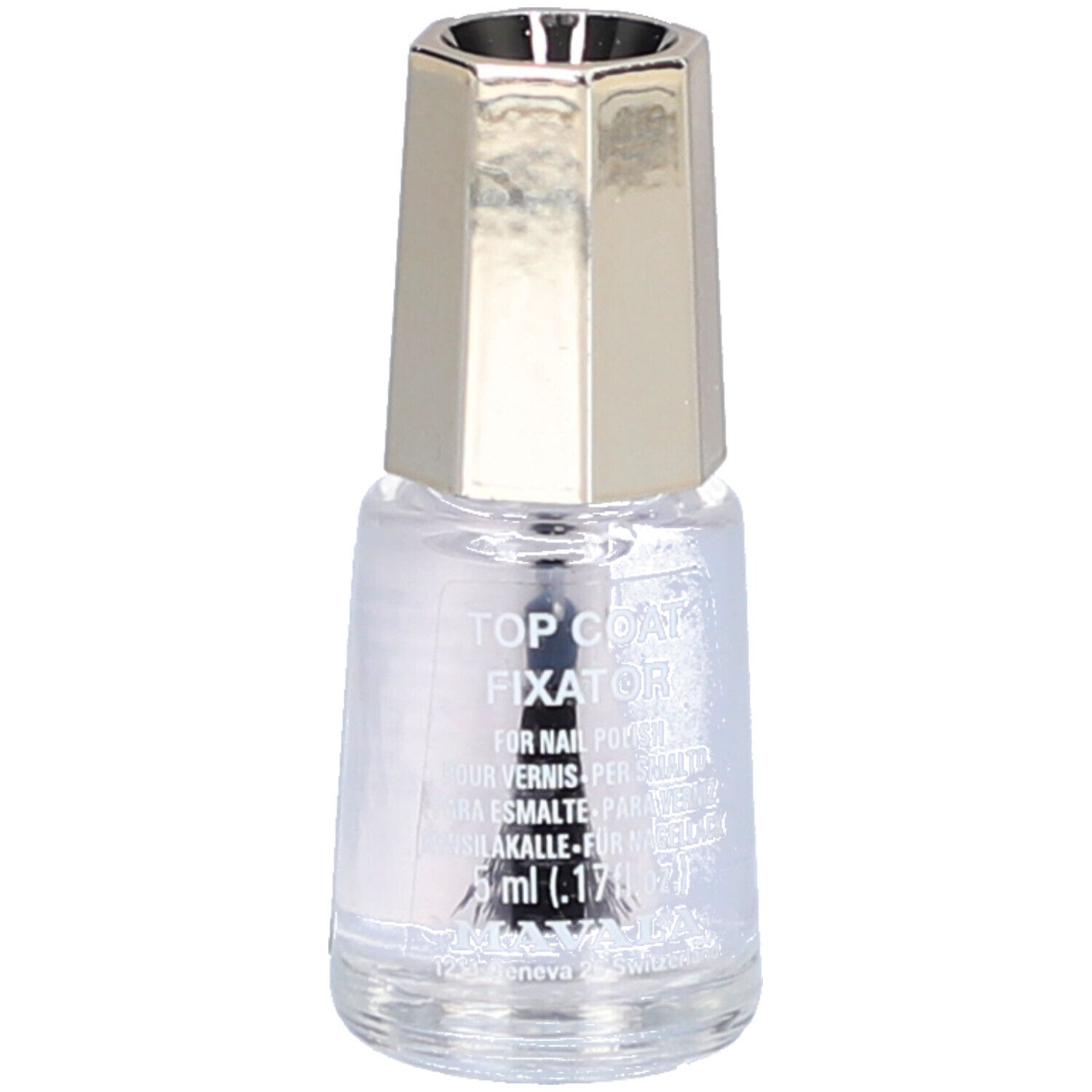 Flacon de vernis à ongles avec bouchon doré. Inscription: TOP COAT FIXATOR. Contient 5 ml.