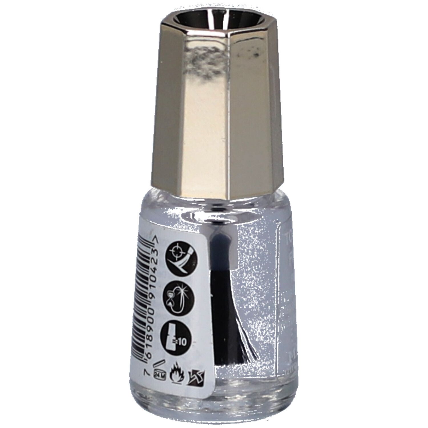 Flacon de vernis à ongles avec bouchon doré. Dos avec symboles et code-barres.