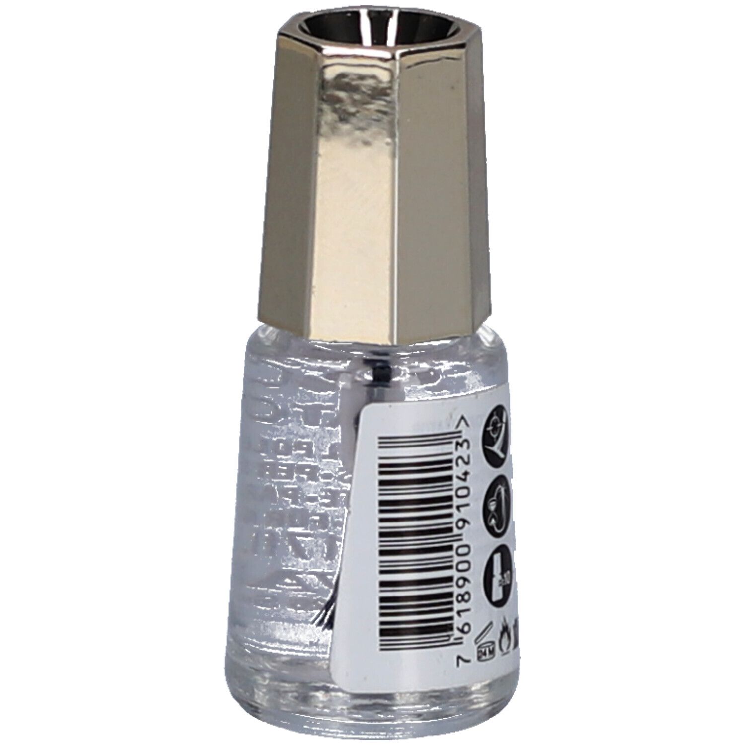 Flacon de vernis à ongles avec bouchon doré. Dos avec code-barres et symboles.