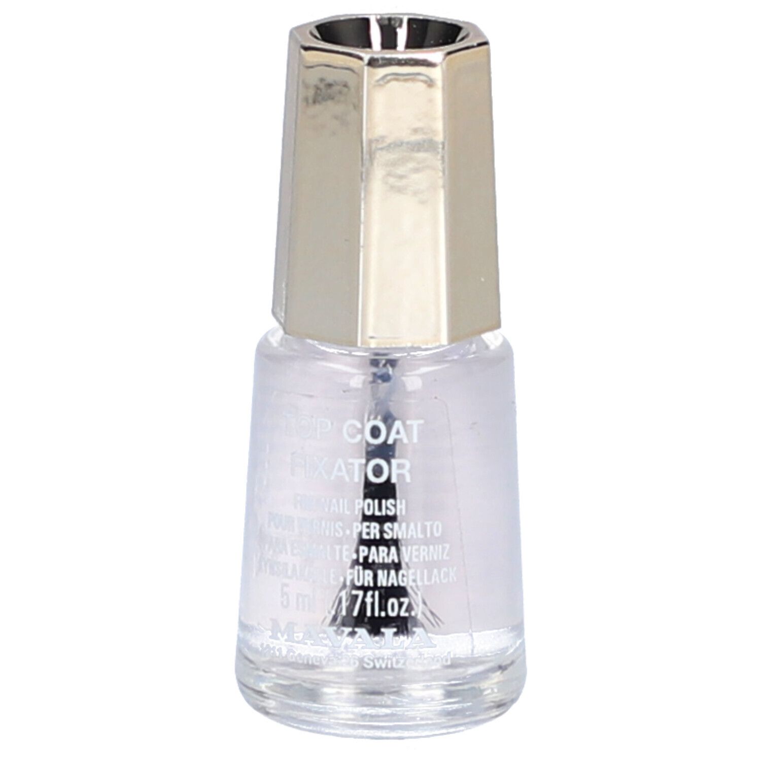 Flacon de vernis à ongles avec bouchon doré. Inscription: TOP COAT FIXATOR. Contient 5 ml.