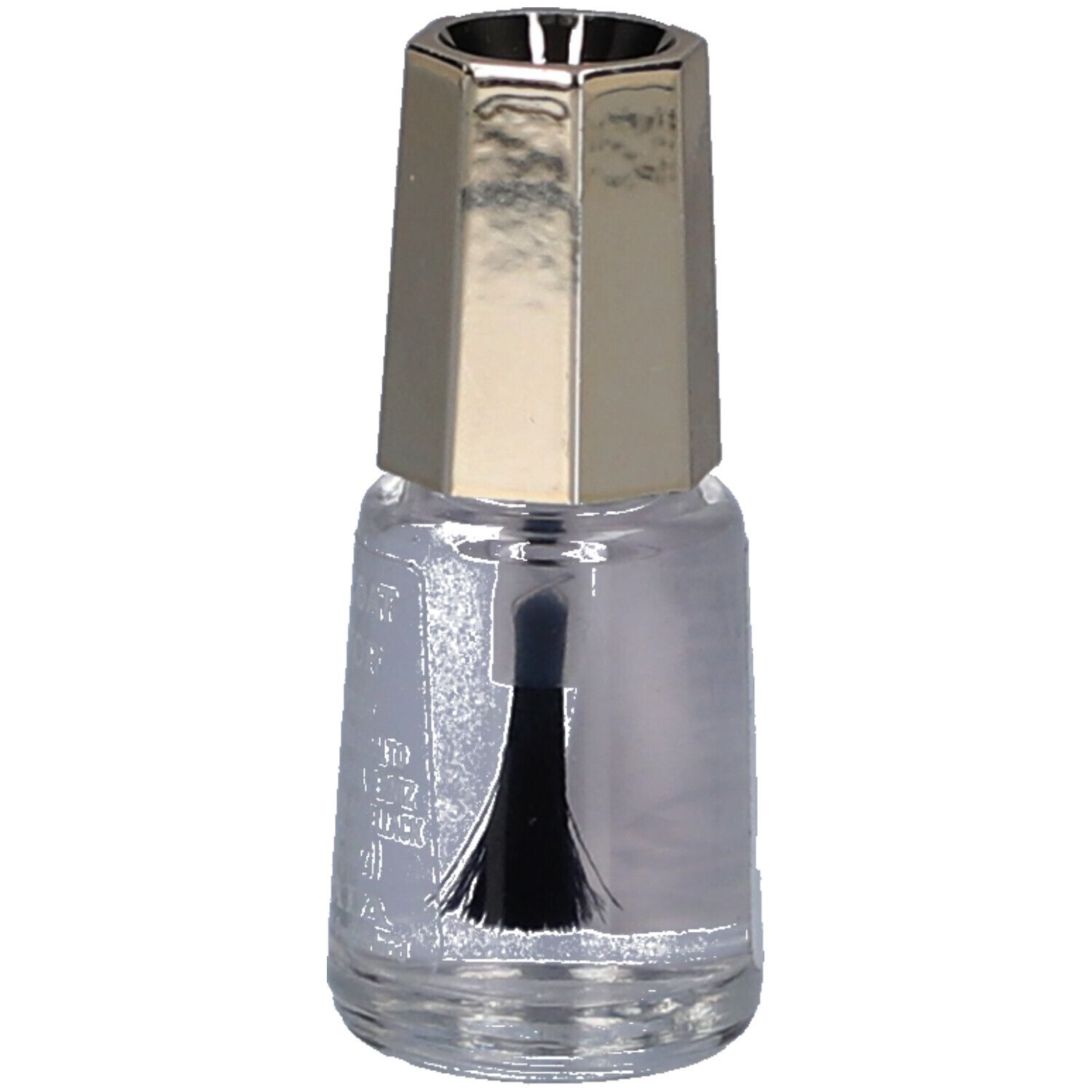 Flacon de vernis à ongles avec bouchon doré. Pinceau visible. Vernis transparent.
