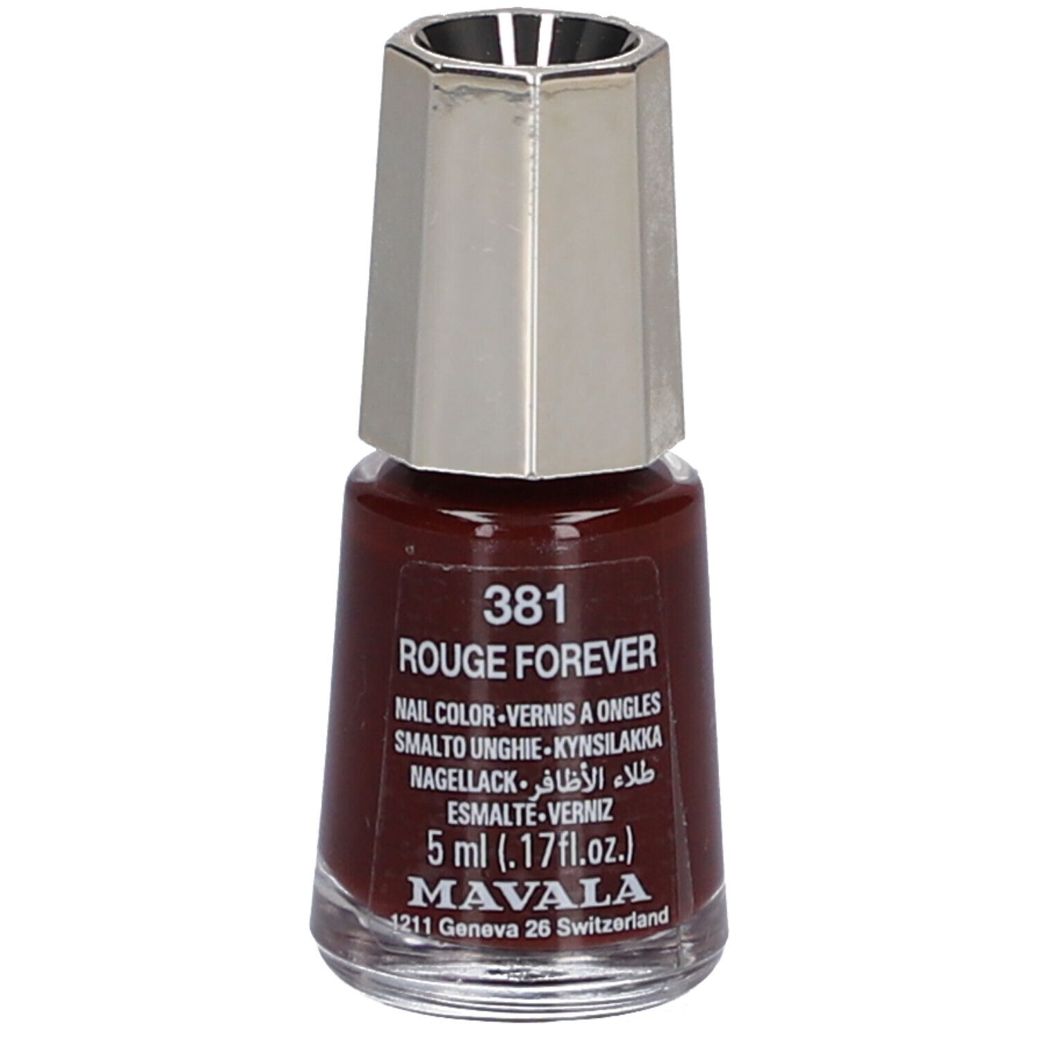 Flacon de vernis à ongles rouge-brun. Bouchon argenté. Inscription: 381 Rouge Forever, 5 ml, Mavala.