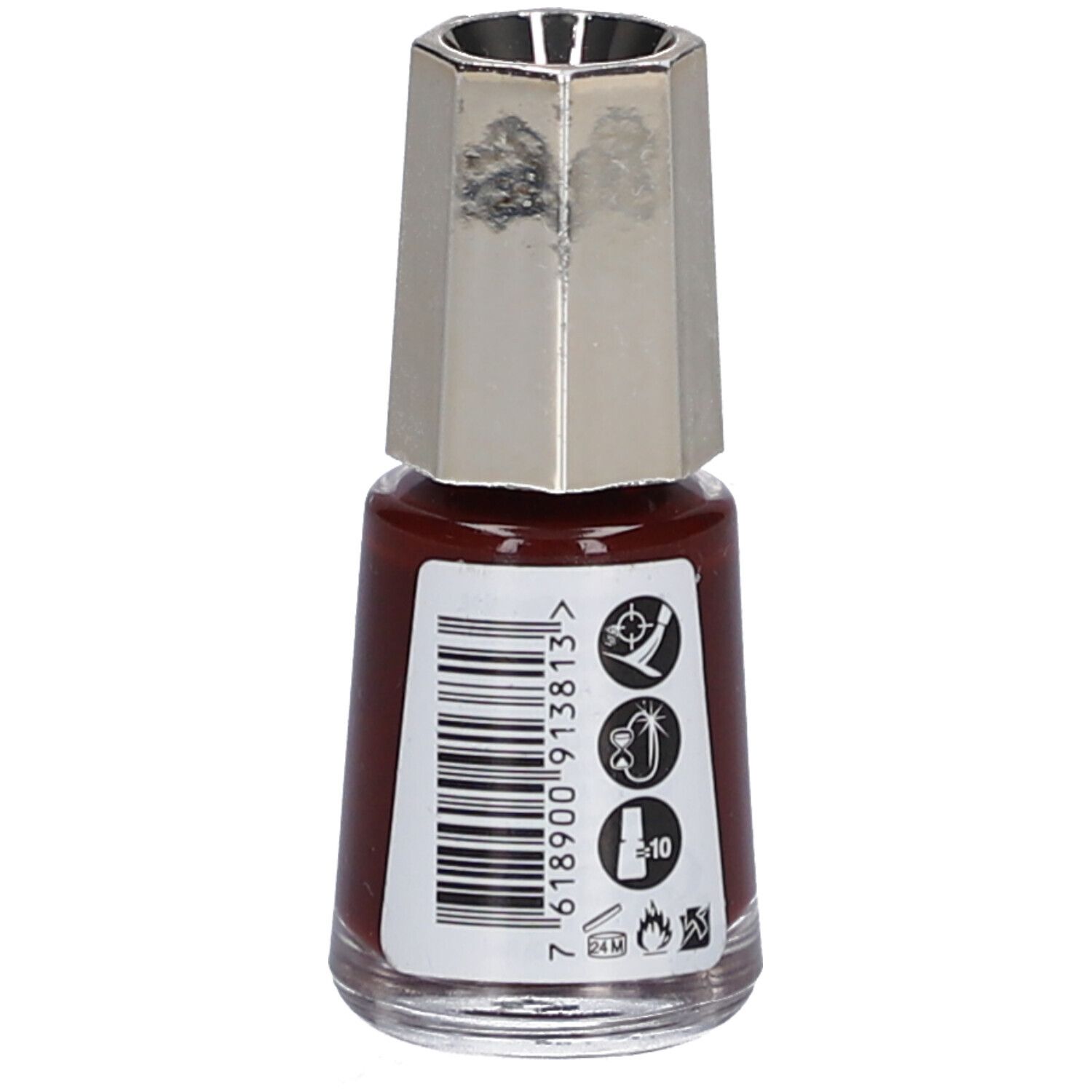 Flacon de vernis à ongles rouge-brun. Bouchon argenté. Code-barres et pictogrammes au dos.