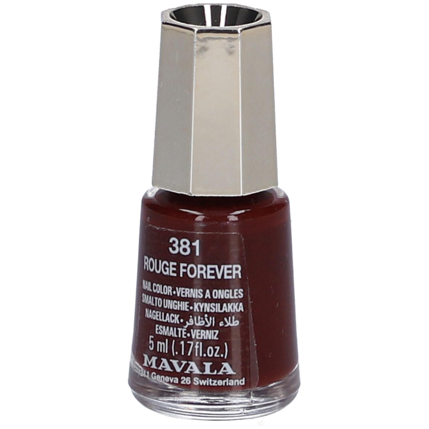 Flacon de vernis à ongles rouge-brun. Bouchon argenté. Inscription: 381 Rouge Forever, 5 ml, Mavala.