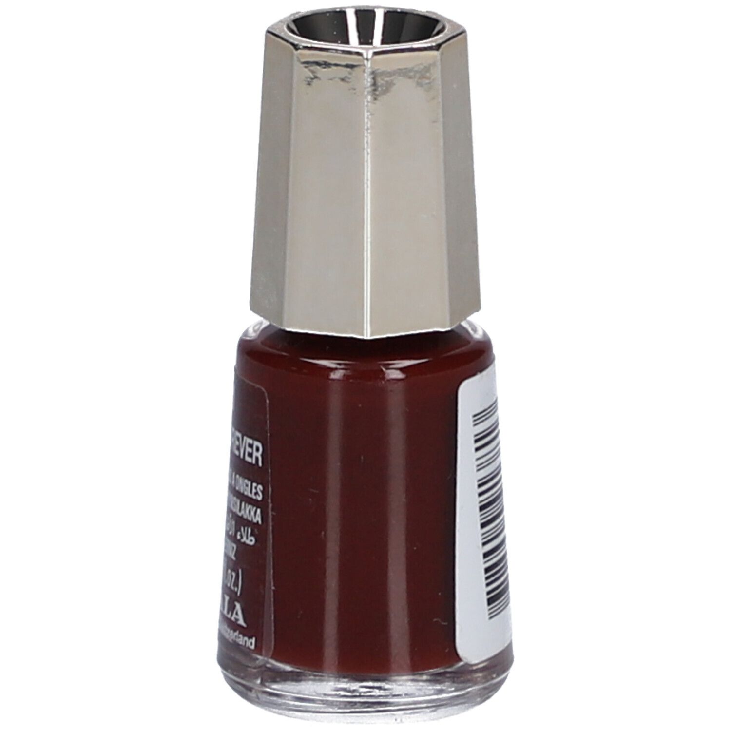 Flacon de vernis à ongles rouge-brun. Bouchon argenté. Code-barres sur le côté.