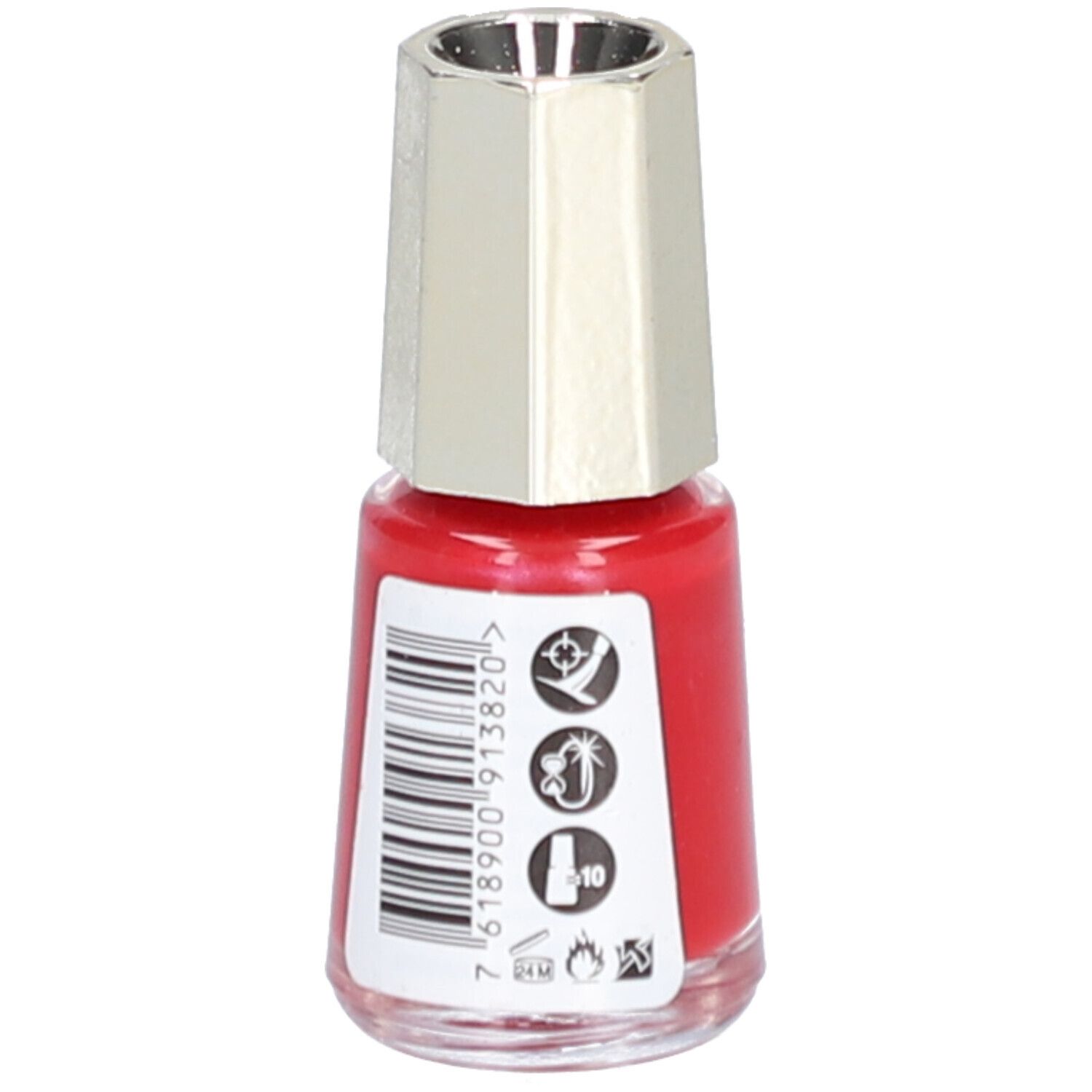 Flacon de vernis à ongles rouge avec bouchon argenté. Dos avec code-barres et pictogrammes.