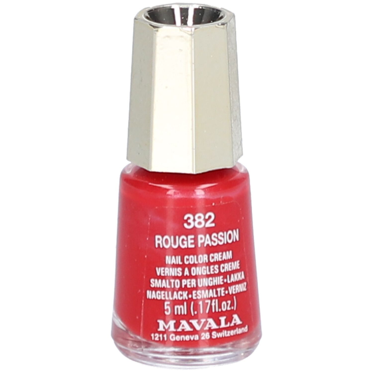 Flacon de vernis à ongles rouge avec bouchon argenté. Inscription: 382 Rouge Passion, Nail Color Cream, 5 ml.