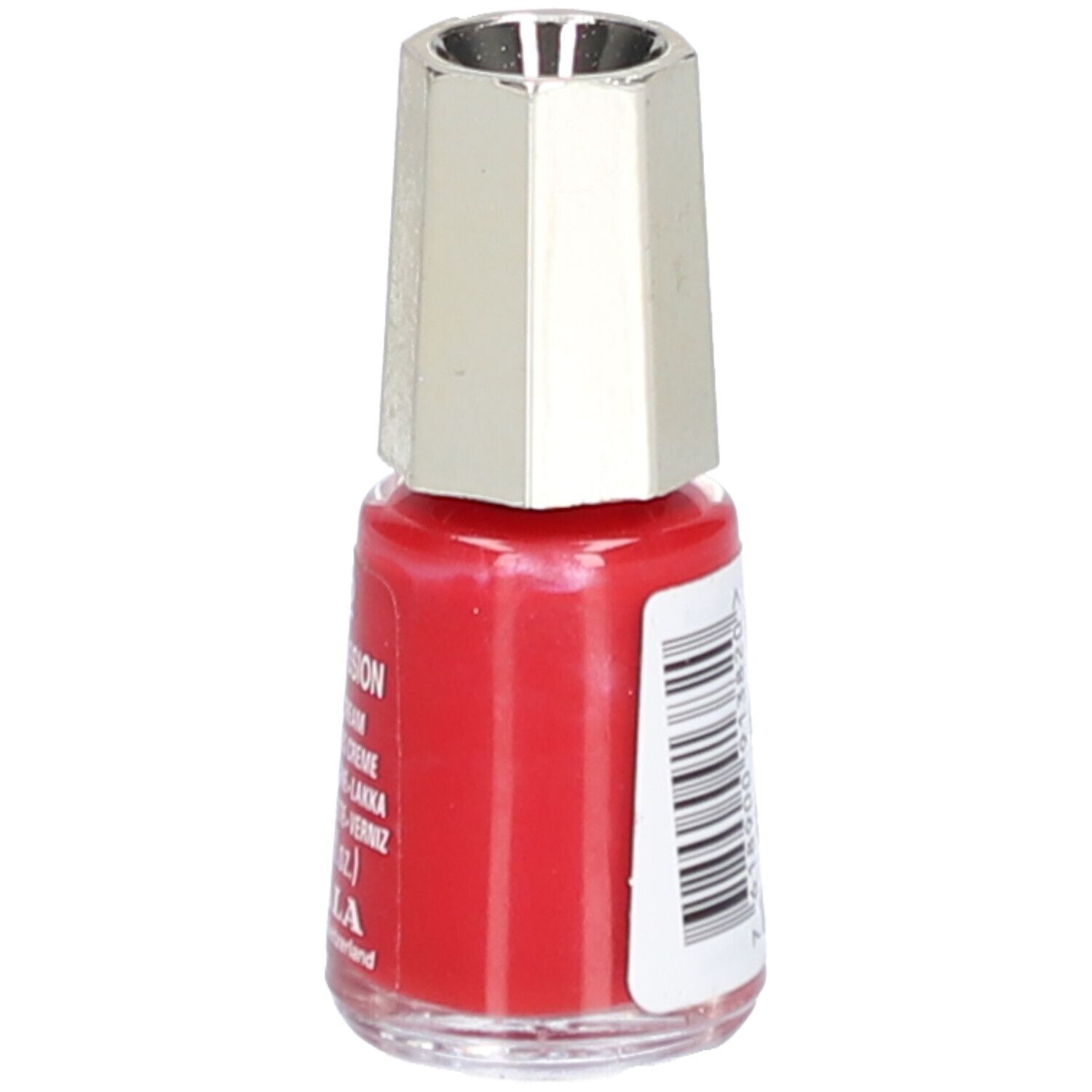 Flacon de vernis à ongles rouge avec bouchon argenté. Inscription: 382 Rouge Passion, Nail Color Cream, 5 ml.
