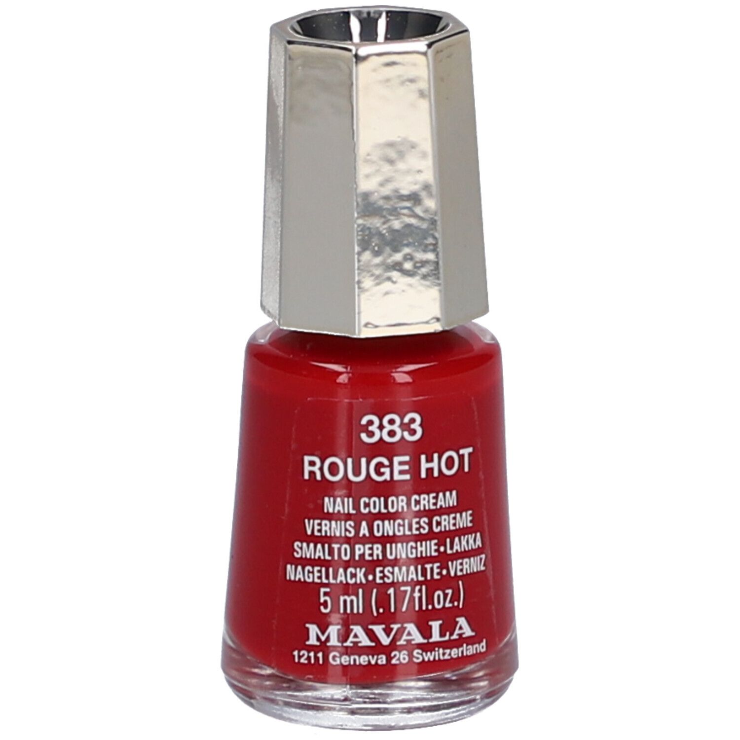 Flacon de vernis à ongles rouge avec bouchon argenté. Inscription: 383 Rouge Hot, Nail Color Cream, 5 ml. Marque: Mavala.