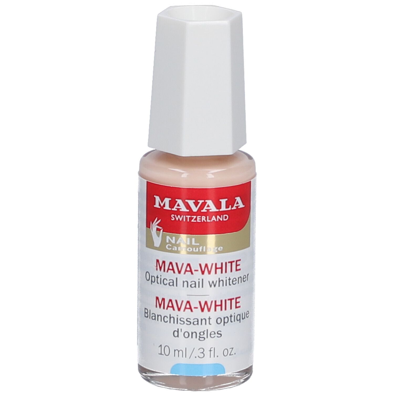 Mava-White, blanchisseur optique d'ongles. Flacon avec bouchon blanc. Inscription: Mava-White, 10 ml.