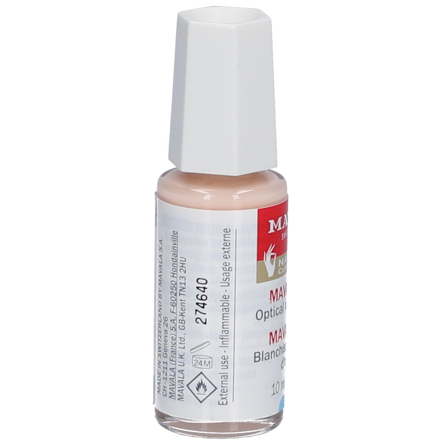 Mava-White, blanchisseur optique d'ongles. Flacon avec bouchon blanc. Inscription: Mava-White, 10 ml. Texte au dos.