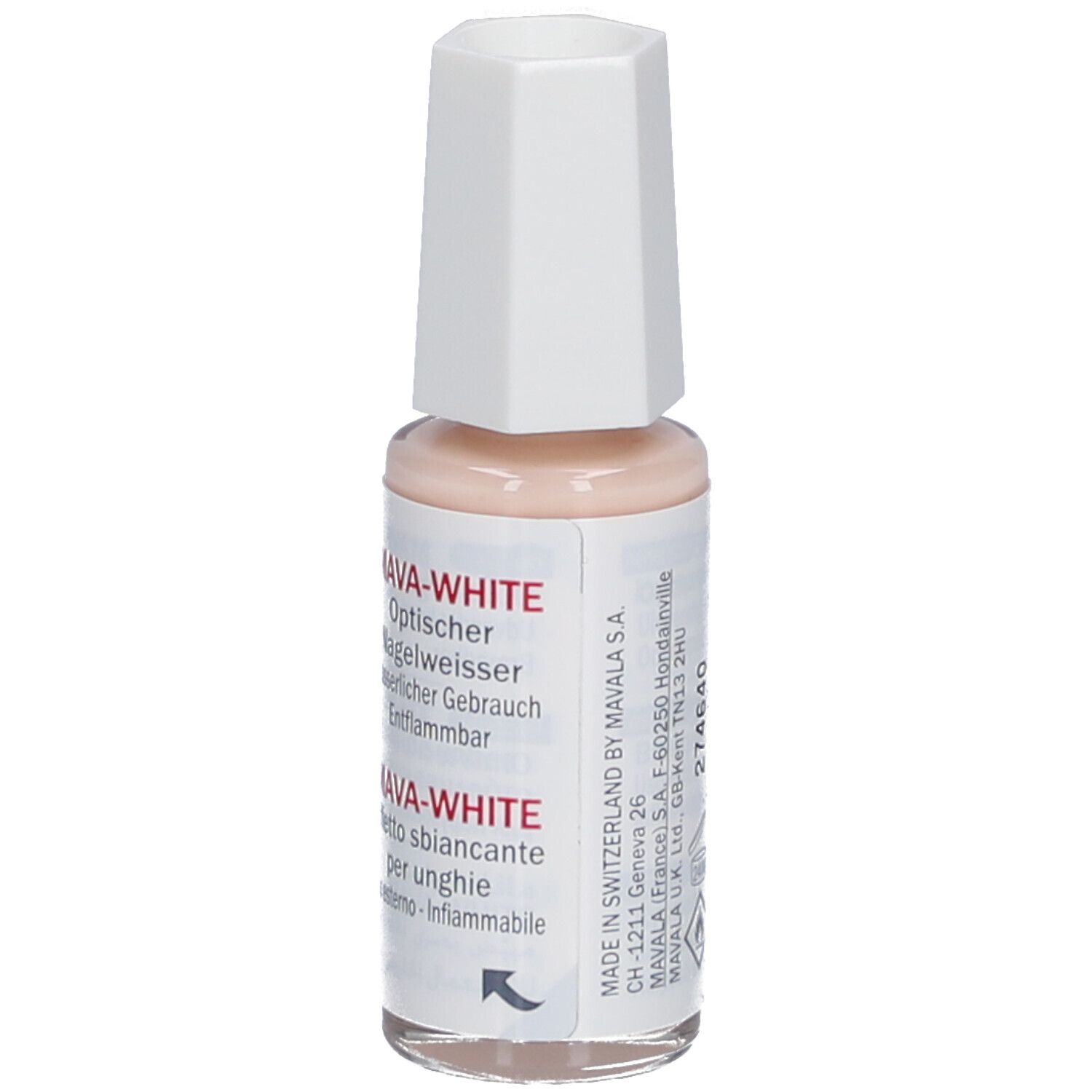Mava-White, blanchisseur optique d'ongles. Flacon avec bouchon blanc. Inscription: Mava-White, 10 ml. Texte au dos.