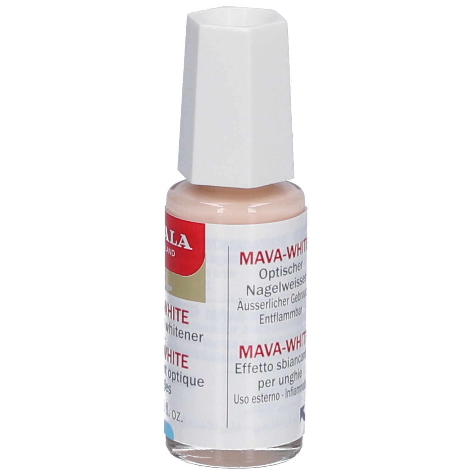 Mava-White, blanchisseur optique d'ongles. Flacon avec bouchon blanc. Inscription: Mava-White, 10 ml. Texte au dos.