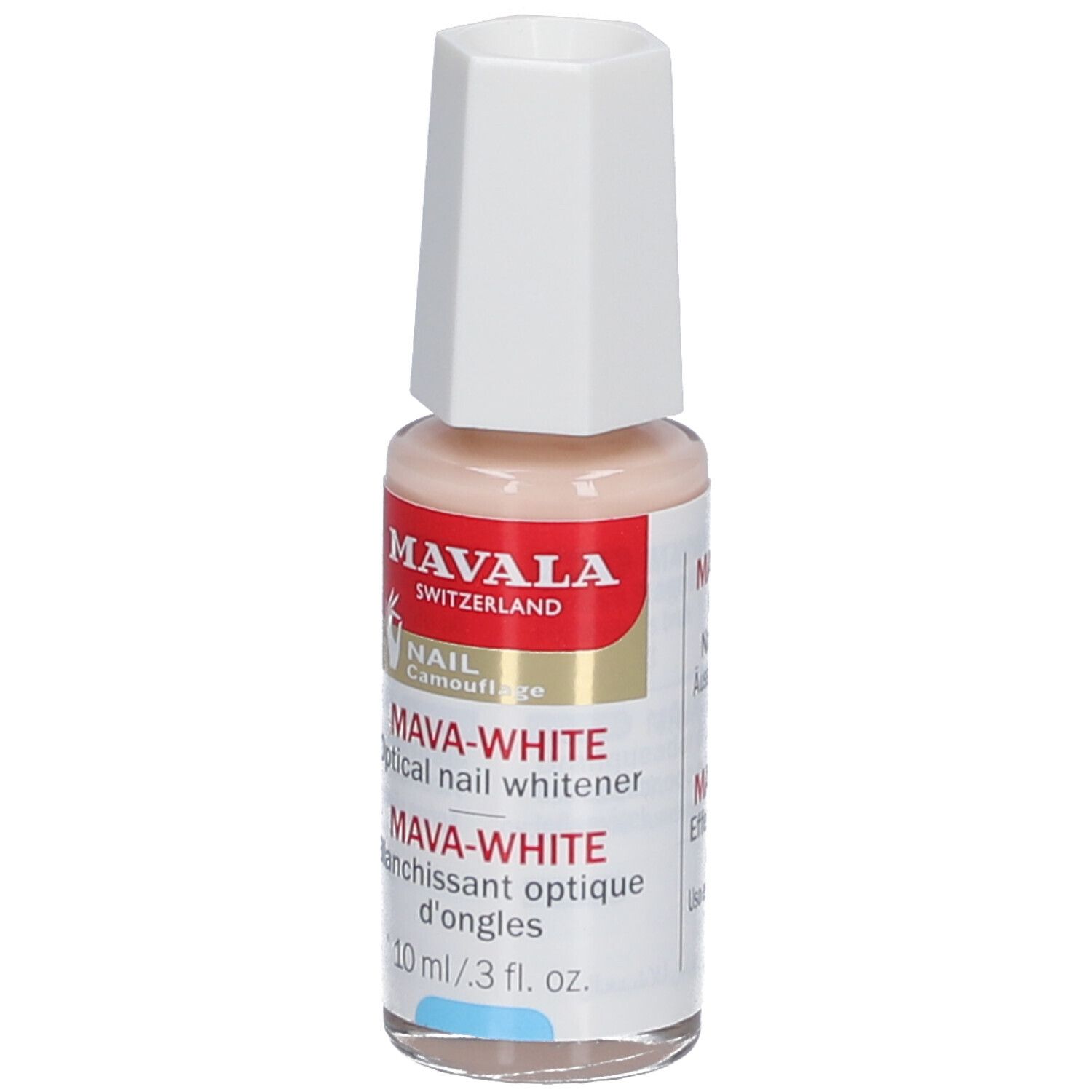 Mava-White, blanchisseur optique d'ongles. Flacon avec bouchon blanc. Inscription: Mava-White, 10 ml.