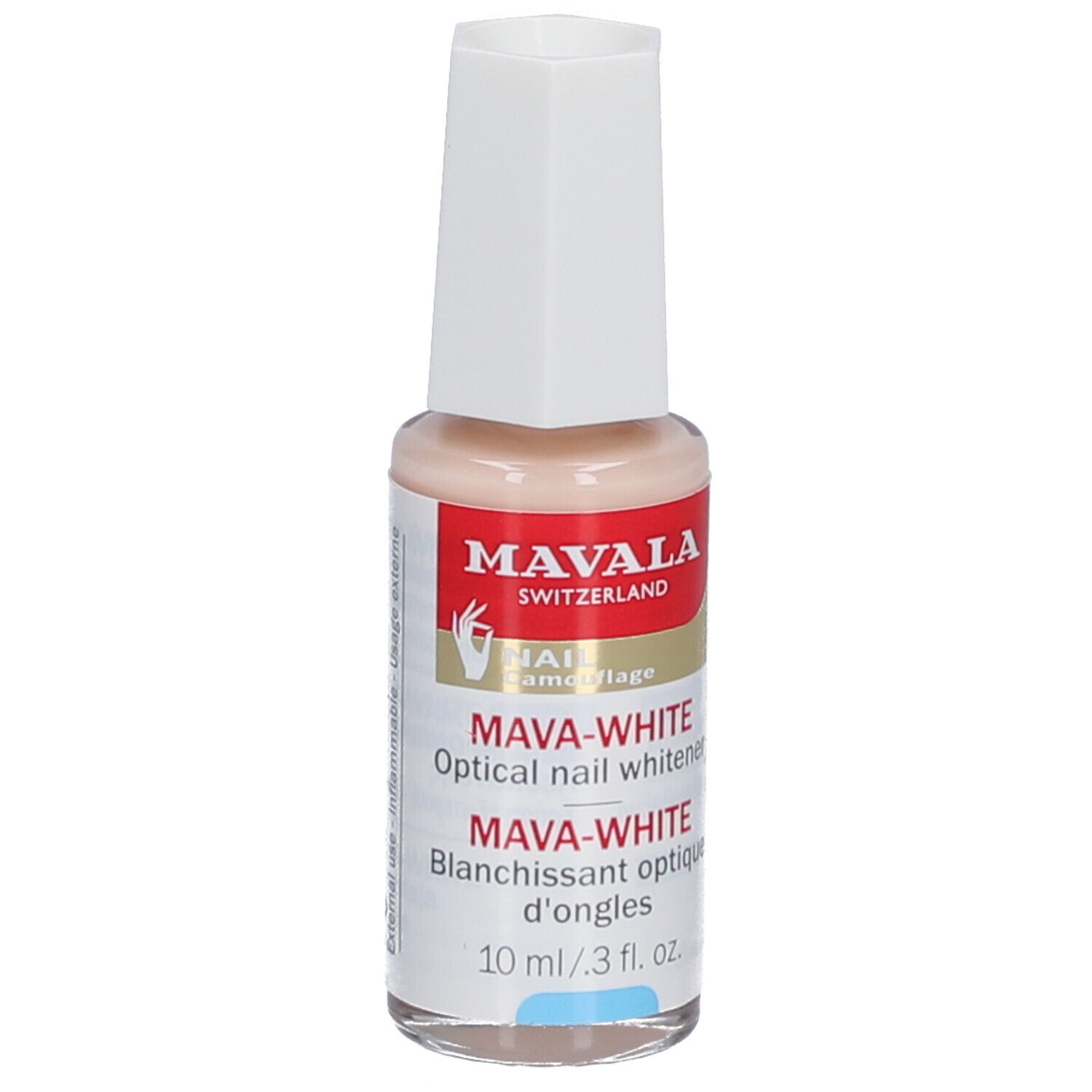 Mava-White, blanchisseur optique d'ongles. Flacon avec bouchon blanc. Inscription: Mava-White, 10 ml.