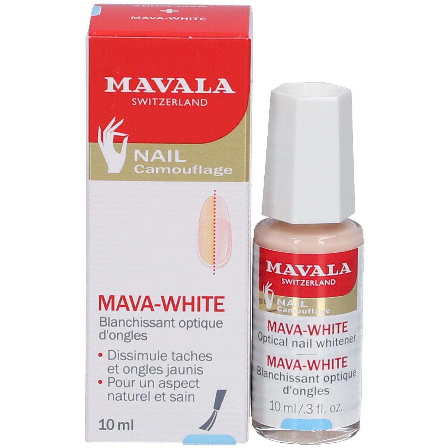 Mava-White et emballage. Inscription: Mava-White, 10 ml. Emballage avec texte et illustration.