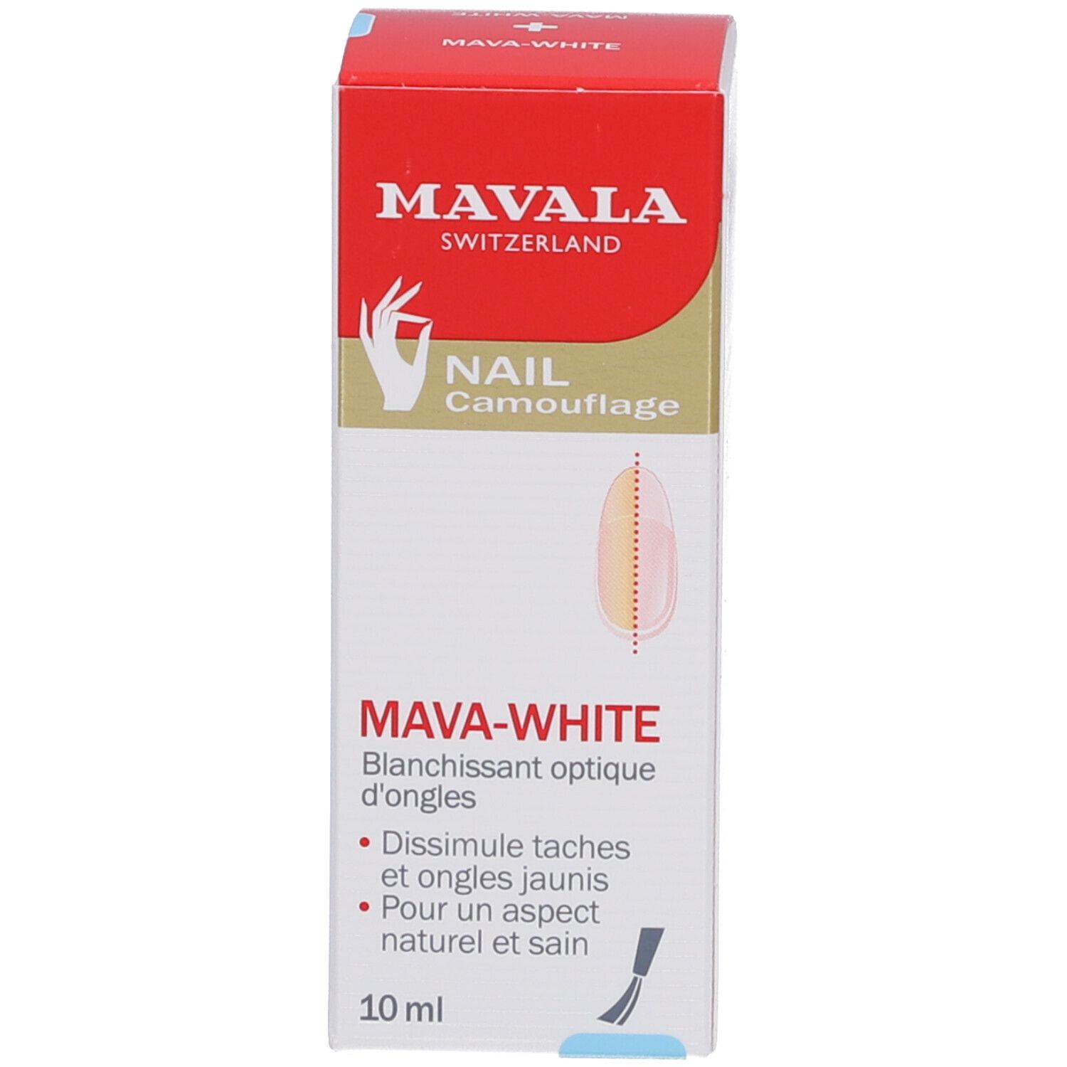 Mava-White et emballage. Inscription: Mava-White, 10 ml. Emballage avec texte et illustration.