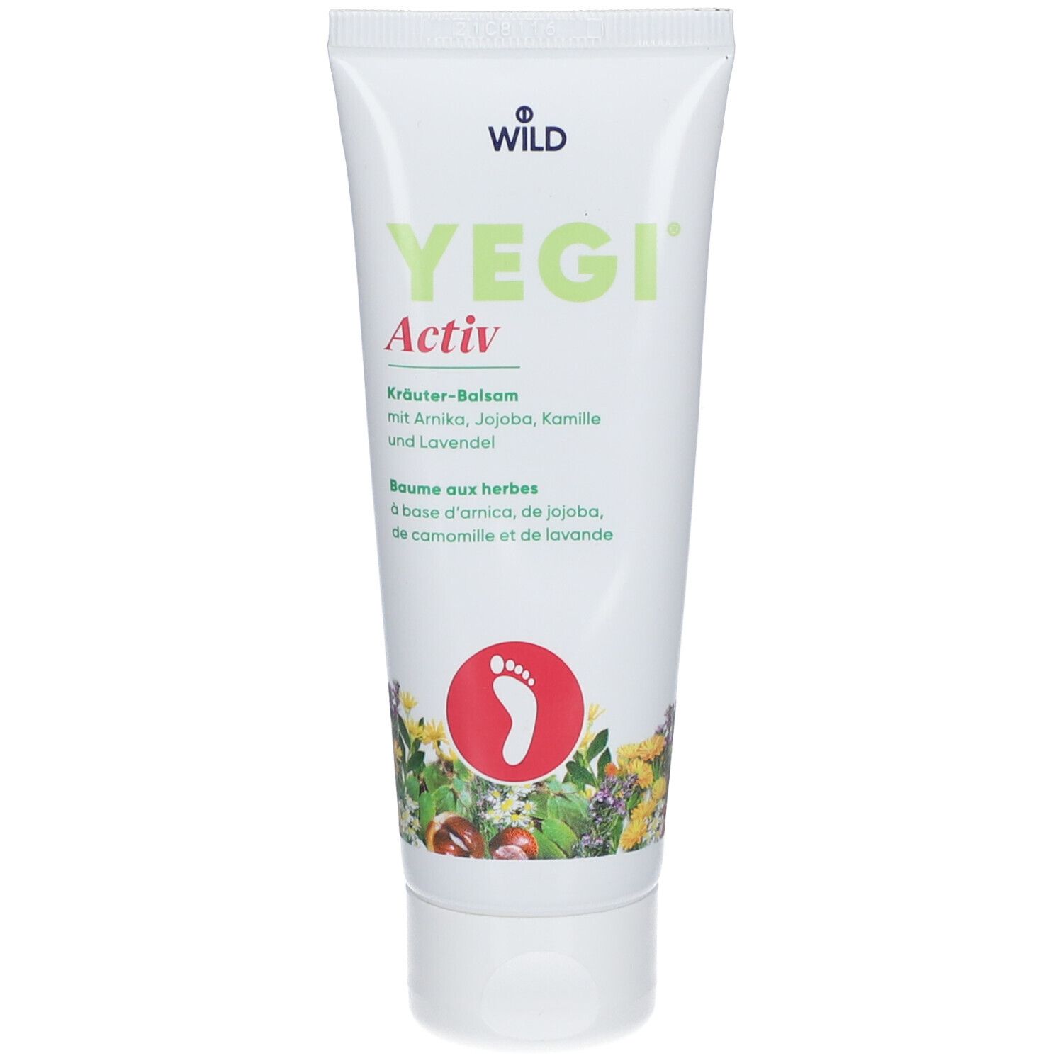 Witte tube met groene tekst "YEGI® Activ". Kruidenbalsem met voetsymbool en bloemmotief.