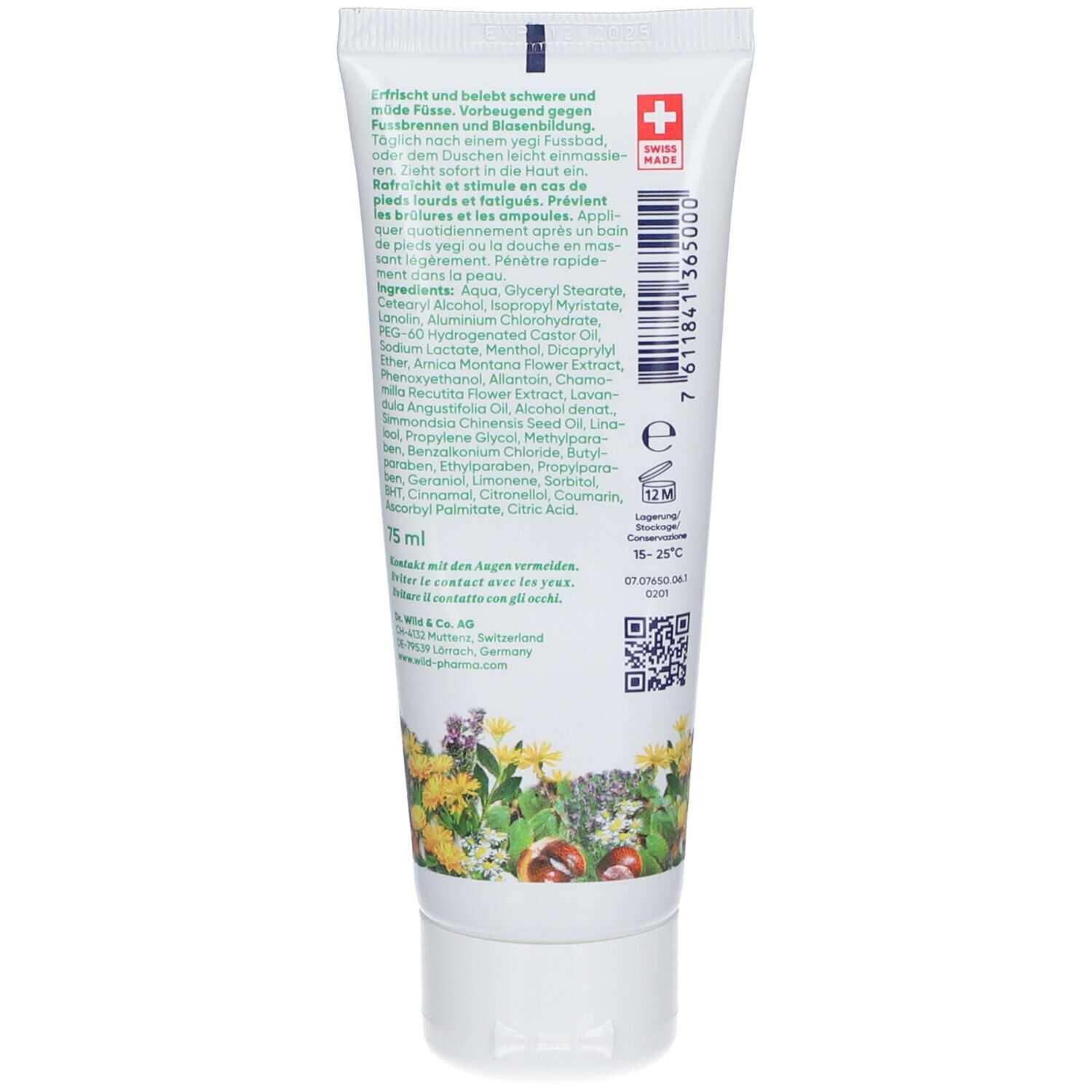 Achterkant van de tube met tekst, ingrediënten, QR-code en Zwitsers kruis. 75 ml.