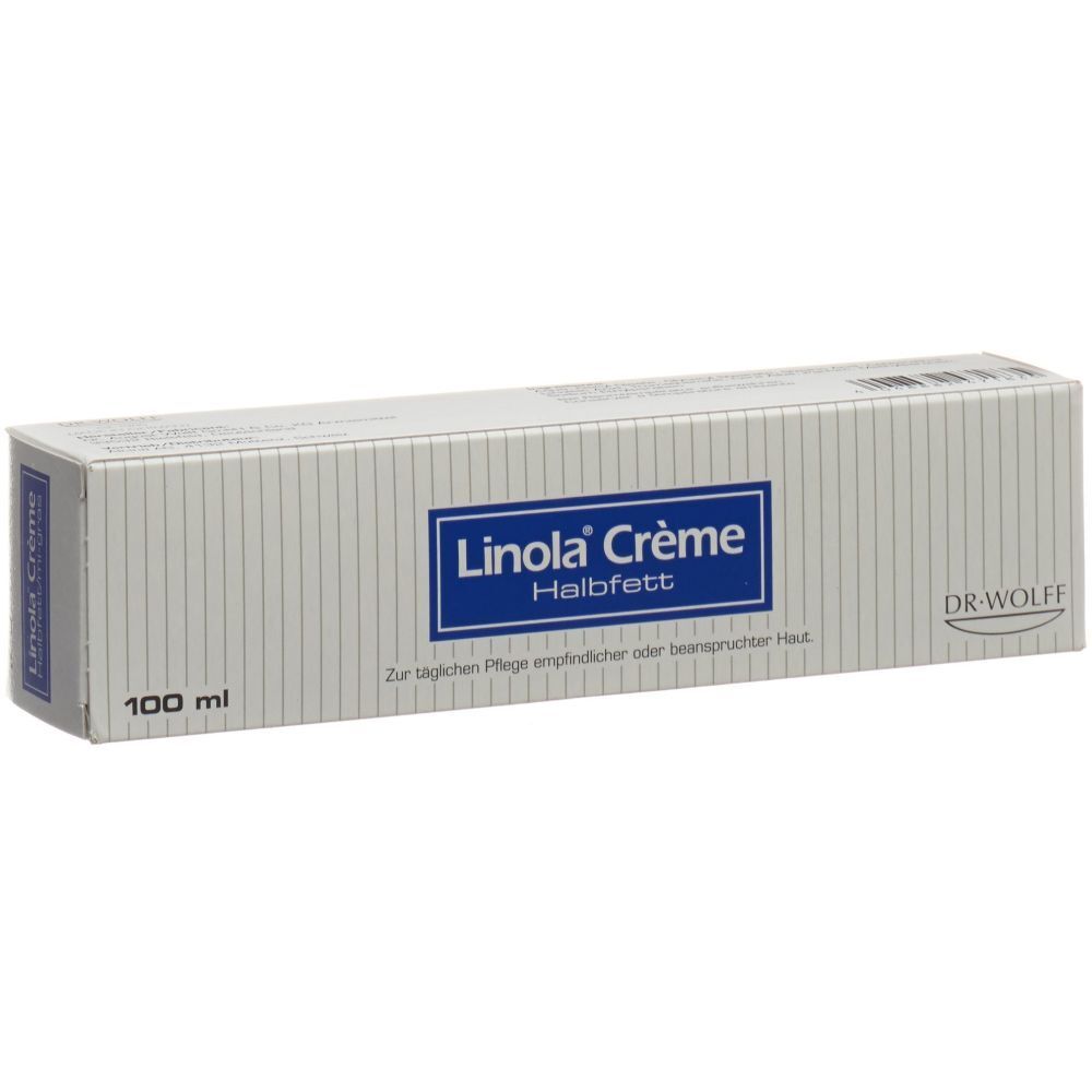 Linola Crème halvolie 100ml kartonnen doos met blauwe belettering en verticale lijnen.