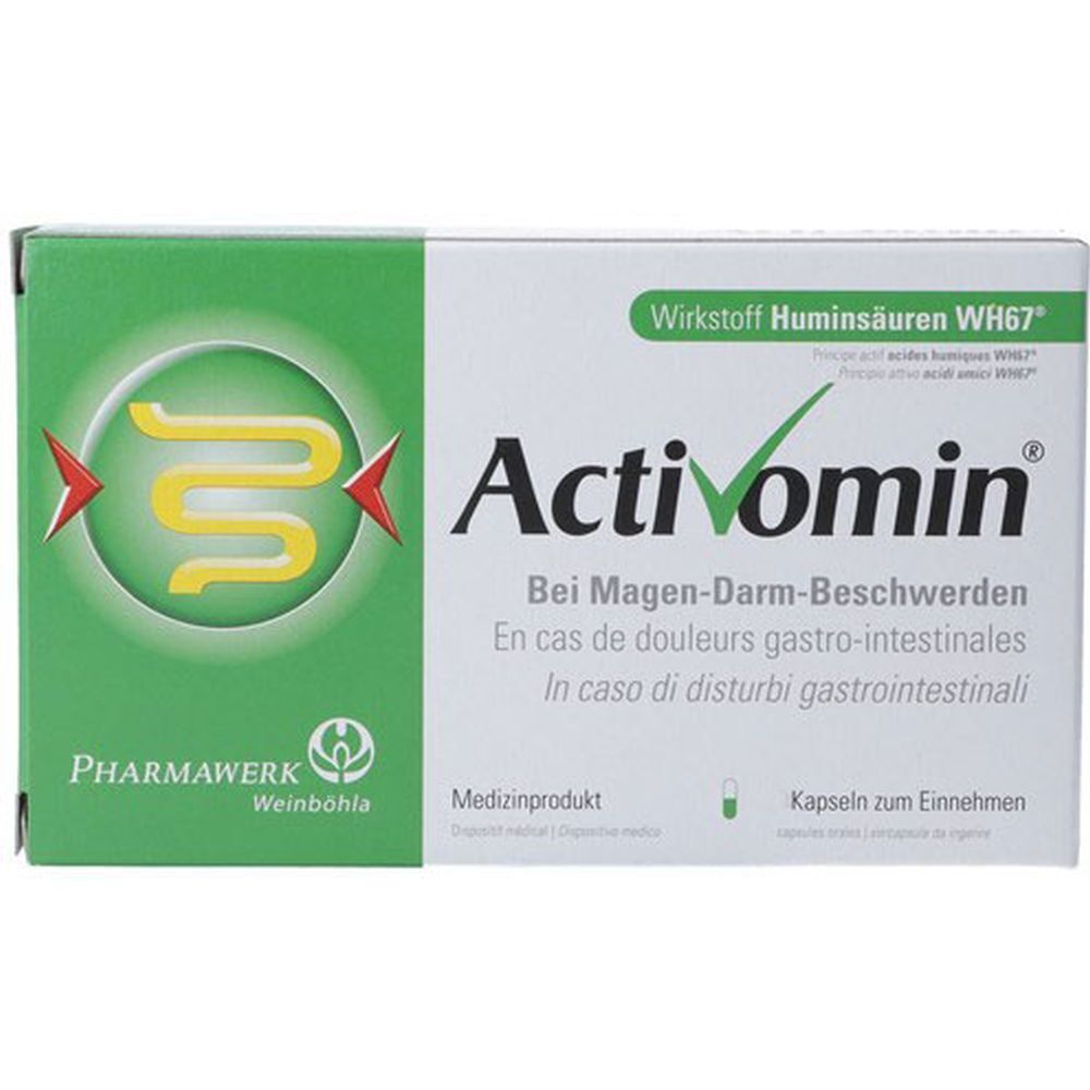 Activomin®-verpakking. Groen-witte doos met productnaam, logo en tekst in het Duits, Frans en Italiaans. Medisch product.