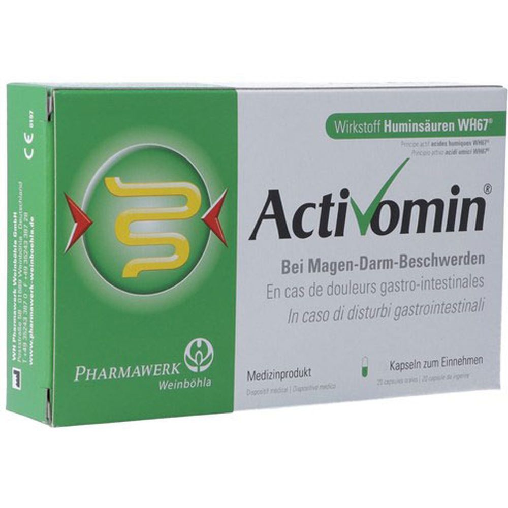 Activomin®-verpakking. Groen-witte doos met productnaam, logo en tekst in het Duits, Frans en Italiaans. Medisch product.