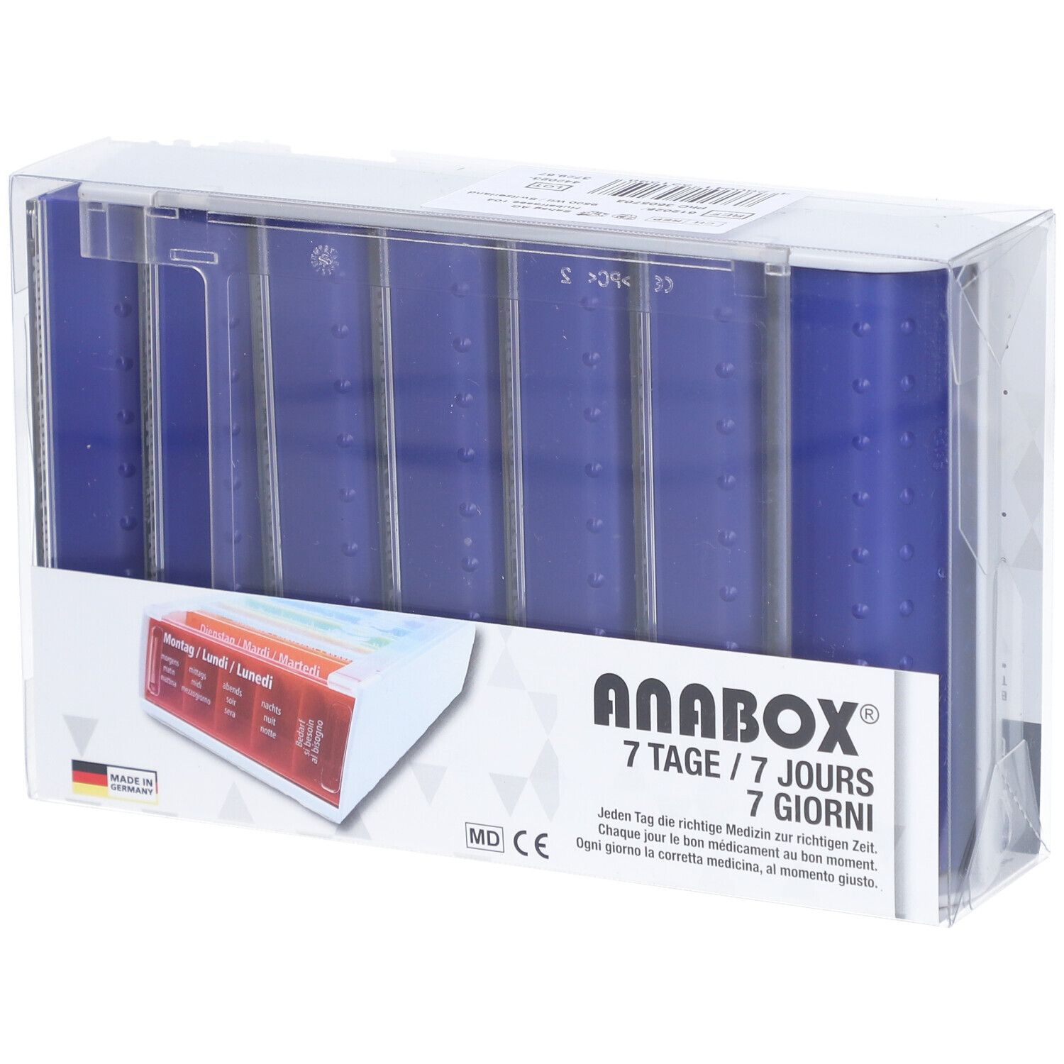 Distributeur de médicaments ANABOX 7 jours, bleu. Emballage transparent. Sept compartiments, étiquetés avec les jours et les moments.