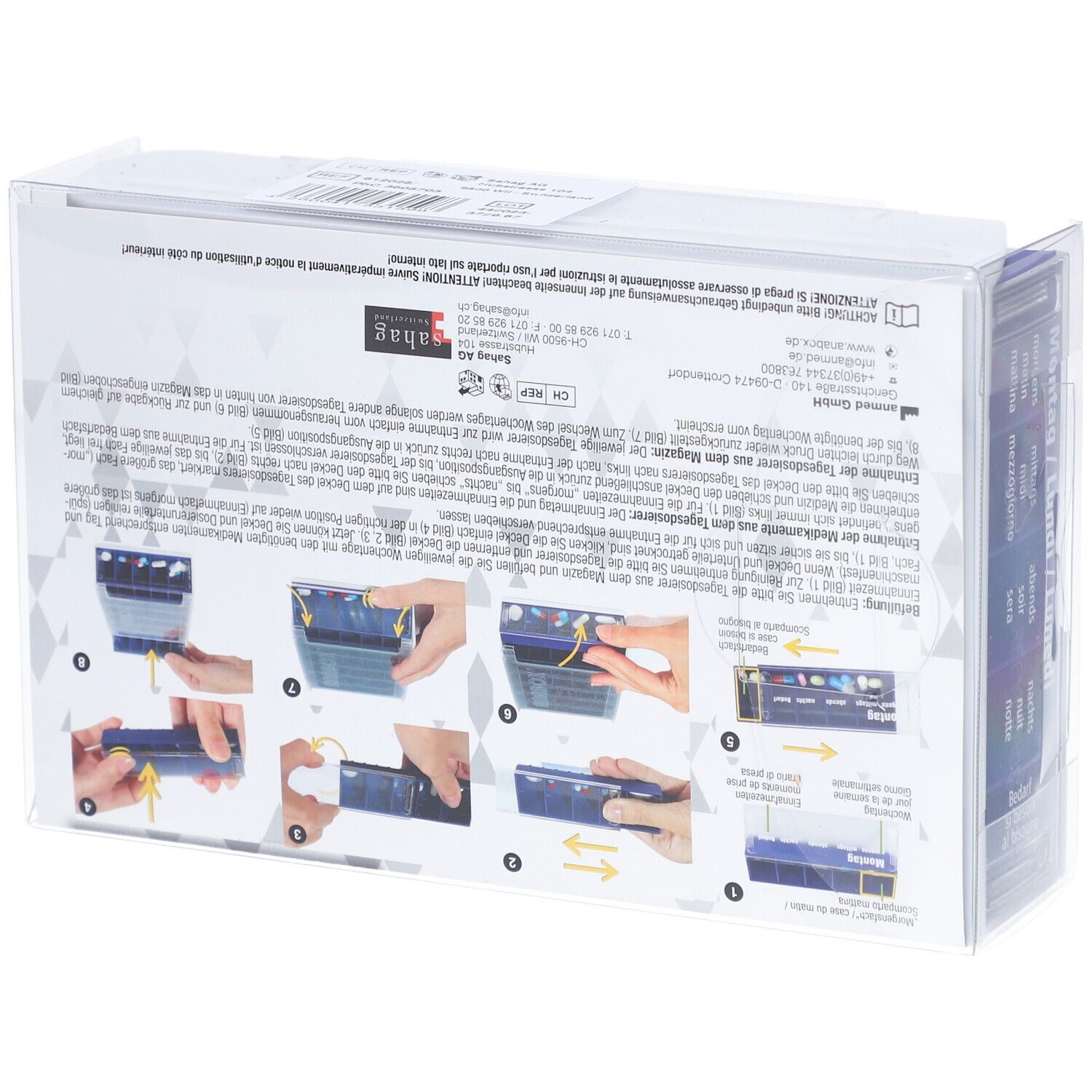 Dos de l'emballage du distributeur ANABOX. Instructions avec illustrations pour l'utilisation du produit.