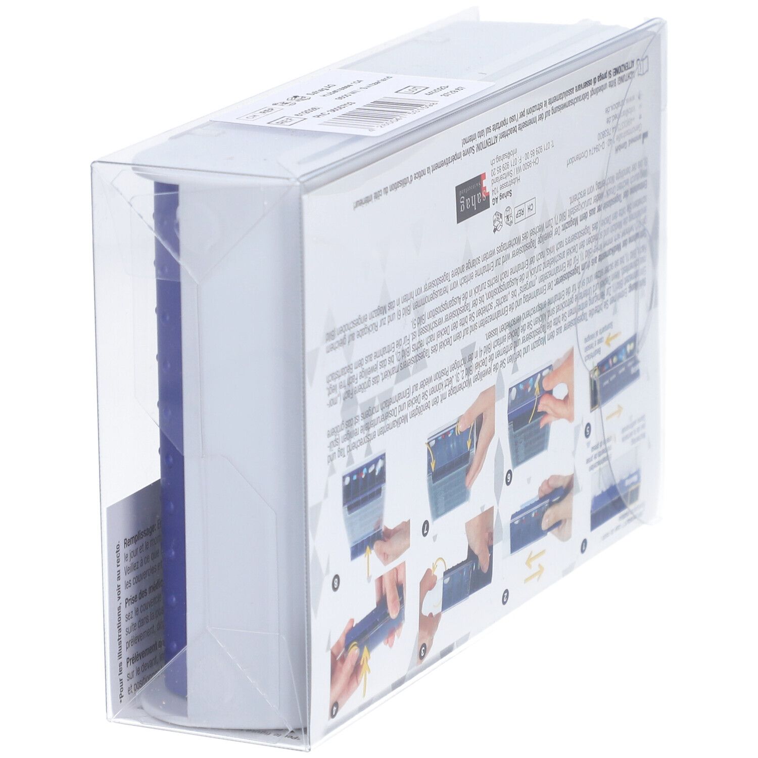 Vue latérale de l'emballage du distributeur ANABOX. Instructions avec illustrations pour l'utilisation du produit.