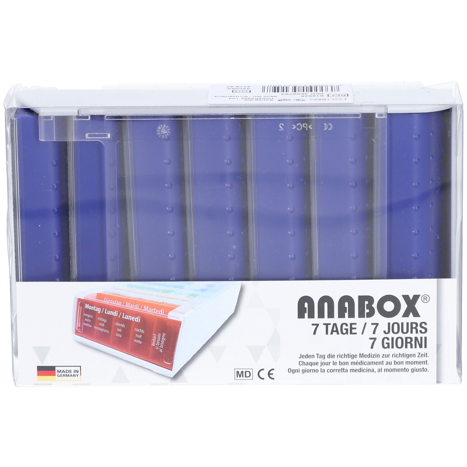 Distributeur de médicaments ANABOX, 7 jours, bleu. Sept compartiments avec jours et heures. Emballage transparent.