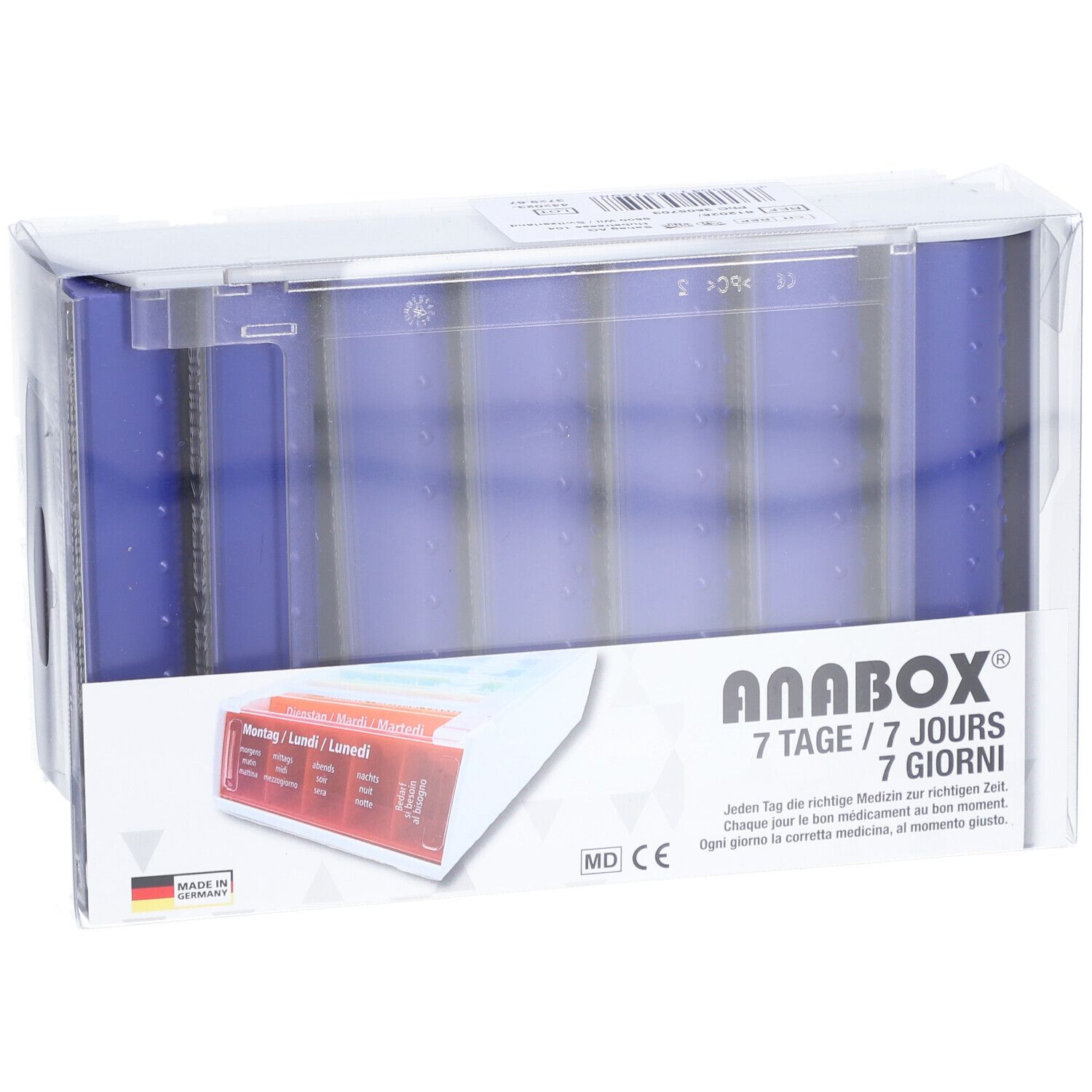 Distributeur de médicaments ANABOX, 7 jours, bleu. Sept compartiments avec jours et heures. Emballage transparent.