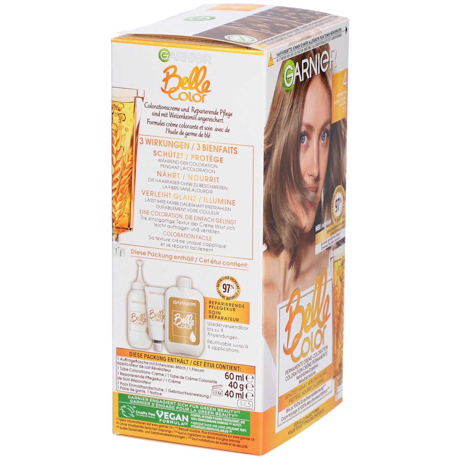 Achterkant Garnier Belle Color haarverfverpakking. 3 werkingen: bescherming, verzorging, glans. Bevat 60ml crème, 40ml ontwikkelaar.