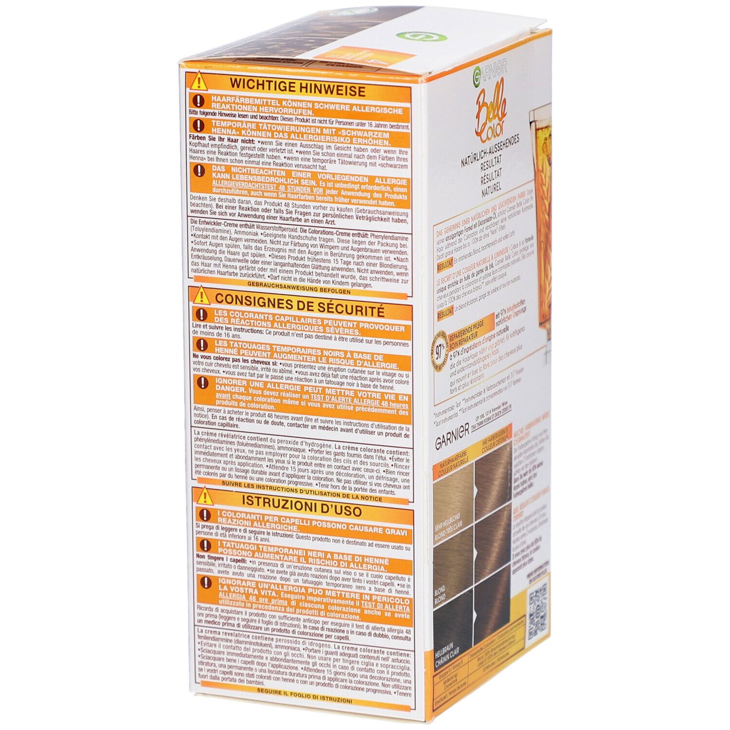 Garnier Belle Color verpakking. Belangrijke instructies, veiligheidsinstructies, gebruiksaanwijzing. Kleurvoorbeelden.
