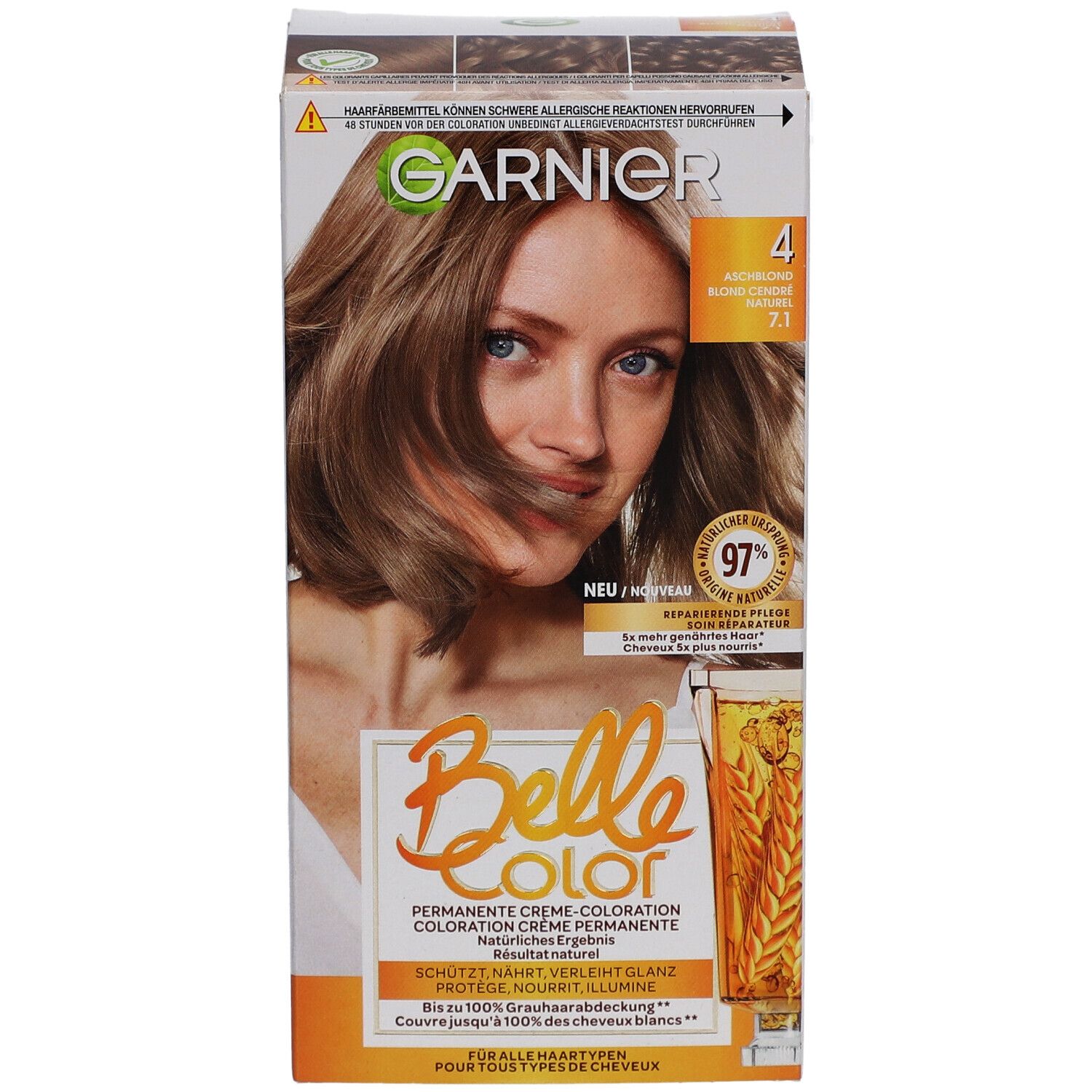 Garnier Belle Color haarverf, tint 4 Asblond. Verpakking met productafbeelding en model. Bevat 97% herstellende verzorging.