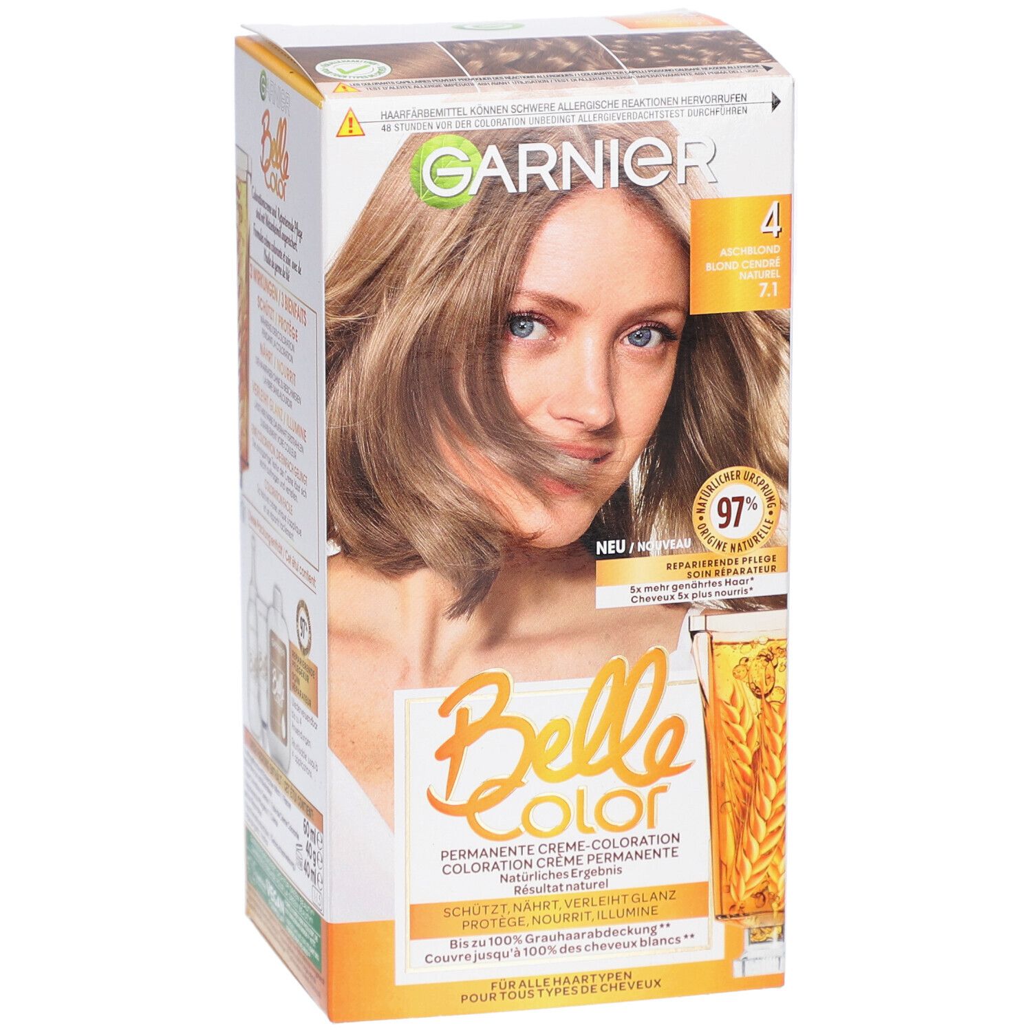 Garnier Belle Color haarverf, tint 4 Asblond. Verpakking met productafbeelding en model. Bevat 97% herstellende verzorging.