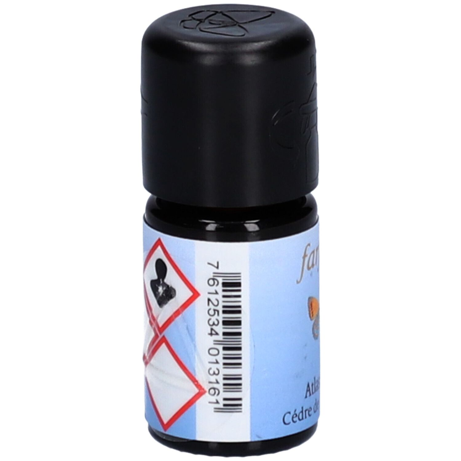 Petite bouteille en verre avec bouchon noir. Étiquette avec texte et code-barres. Logo: papillon. Marque: farfalla AromaCare. Symboles de danger.