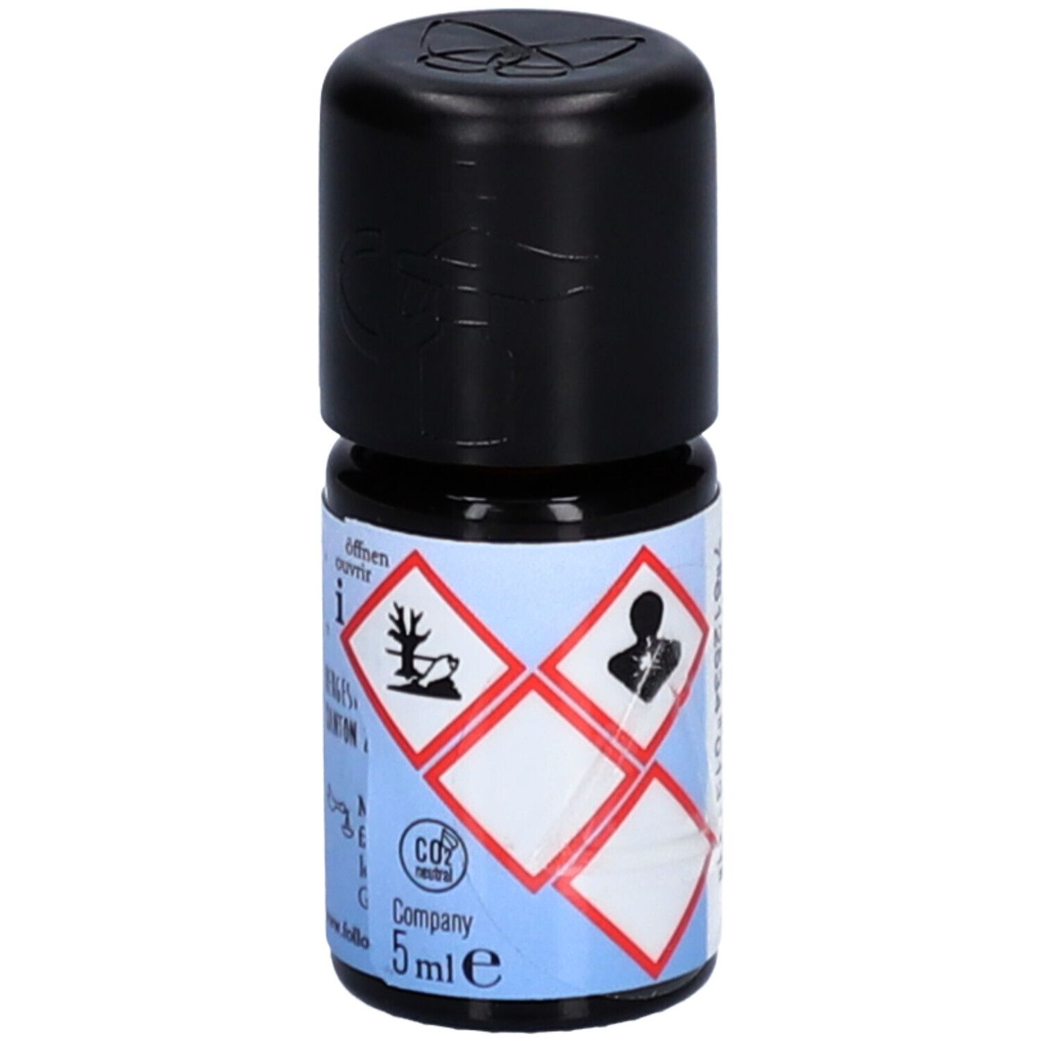 Petite bouteille en verre avec bouchon noir. Étiquette avec symboles de danger et texte. Volume: 5ml. Marque: farfalla AromaCare.