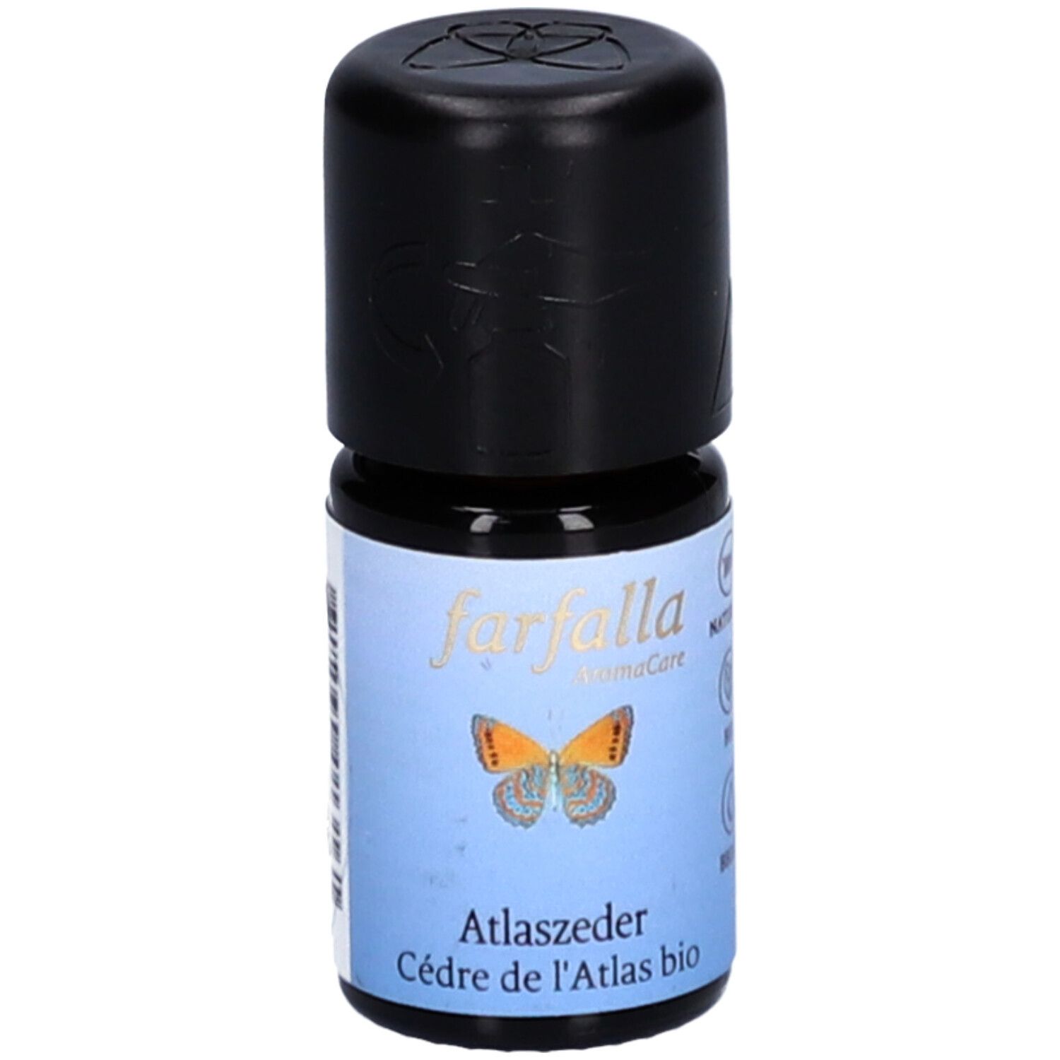 Petite bouteille en verre avec bouchon noir. Étiquette avec texte: Cèdre de l'Atlas bio. Logo: papillon. Marque: farfalla AromaCare.